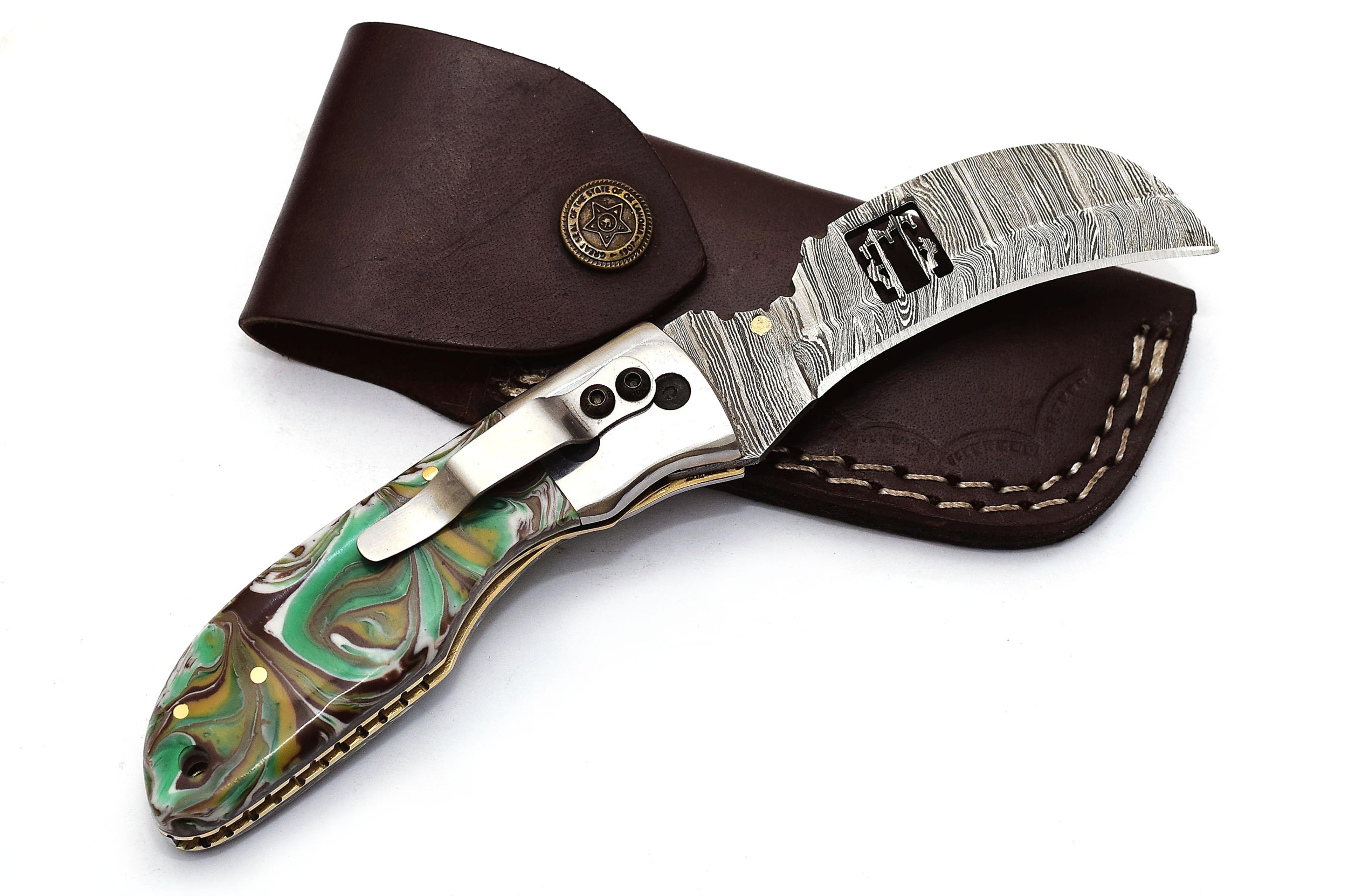 damascus pocket knife clip for men folding knife deal for camping, outdoor, hiking with sheath leather
