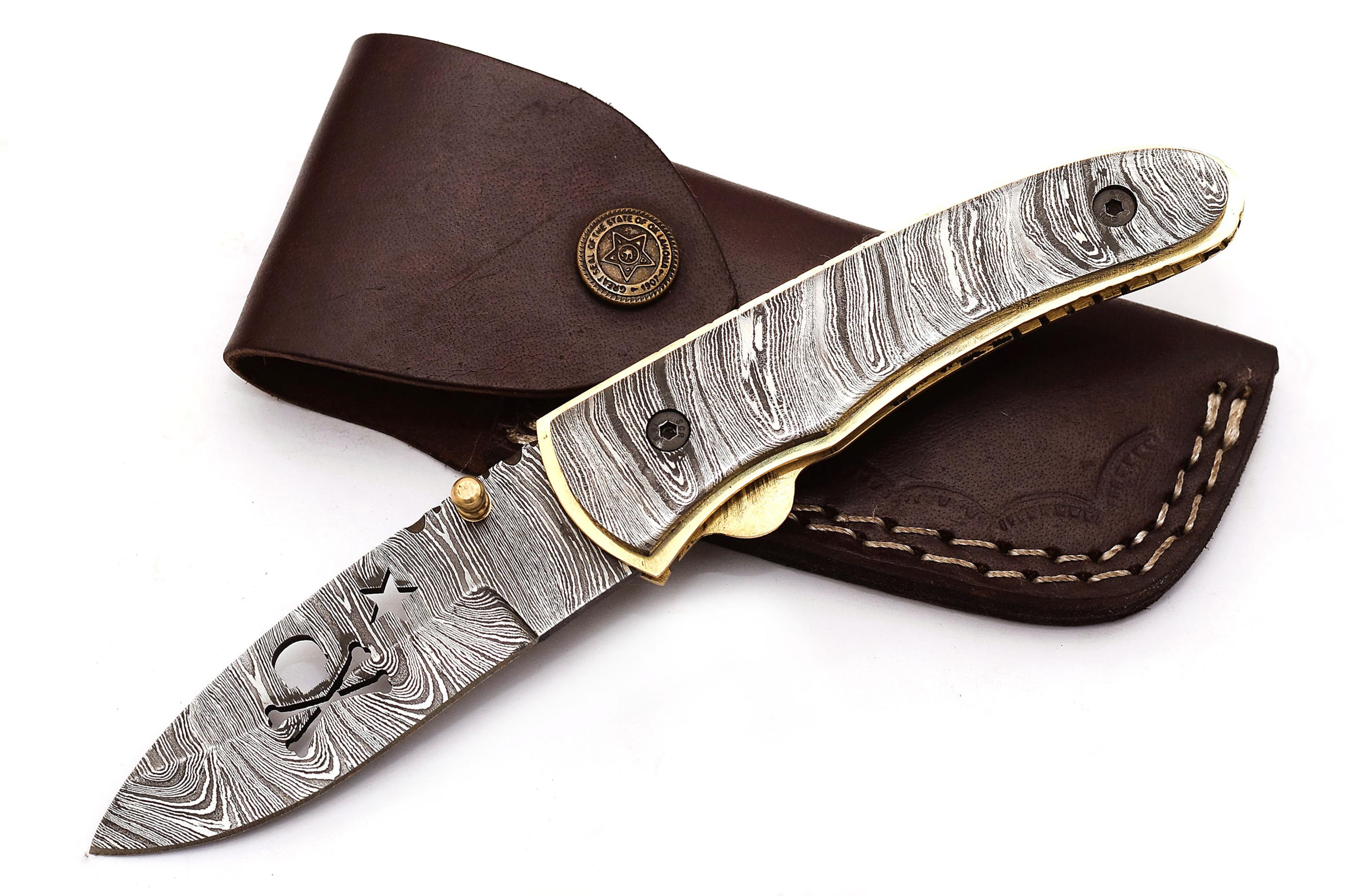damascus pocket knife for men folding knife deal for camping, outdoor, hiking with sheath leather