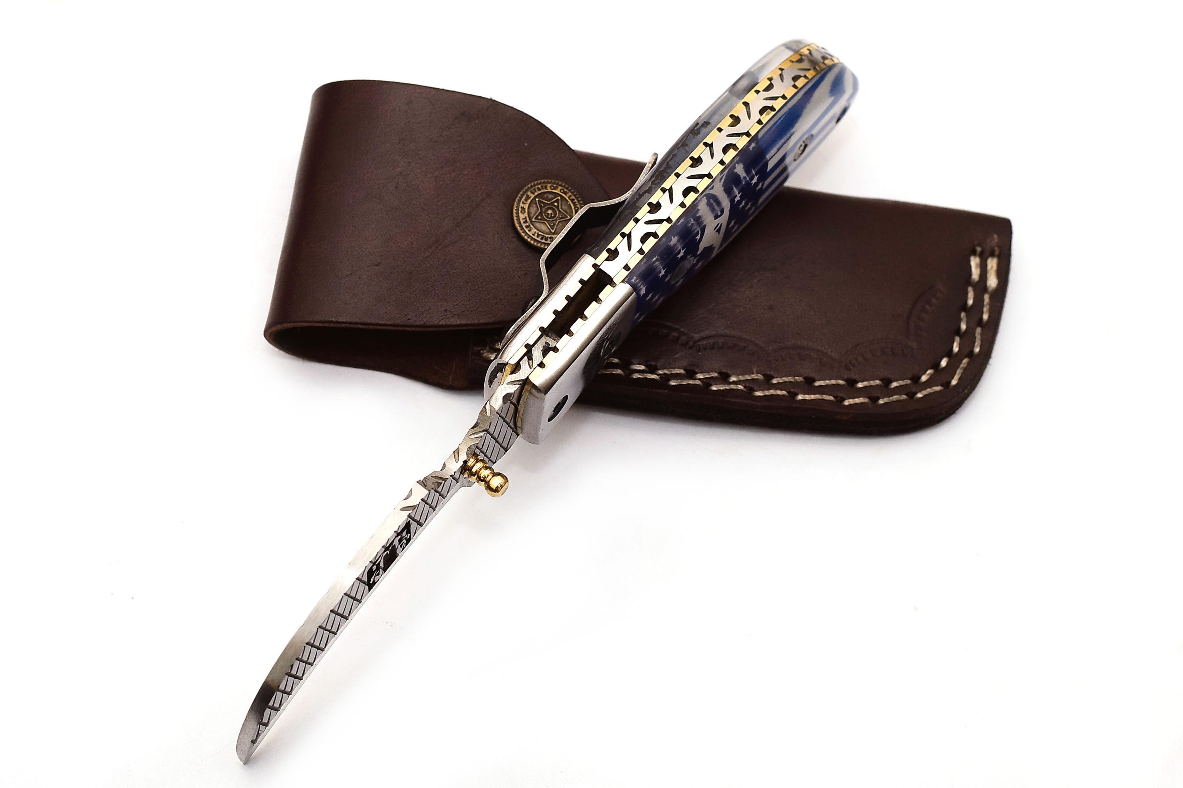 ALFARI Damascus Pocket Knife For Men Folding Knife Deal For Camping Outdoor Hiking With Sheath Leat 2