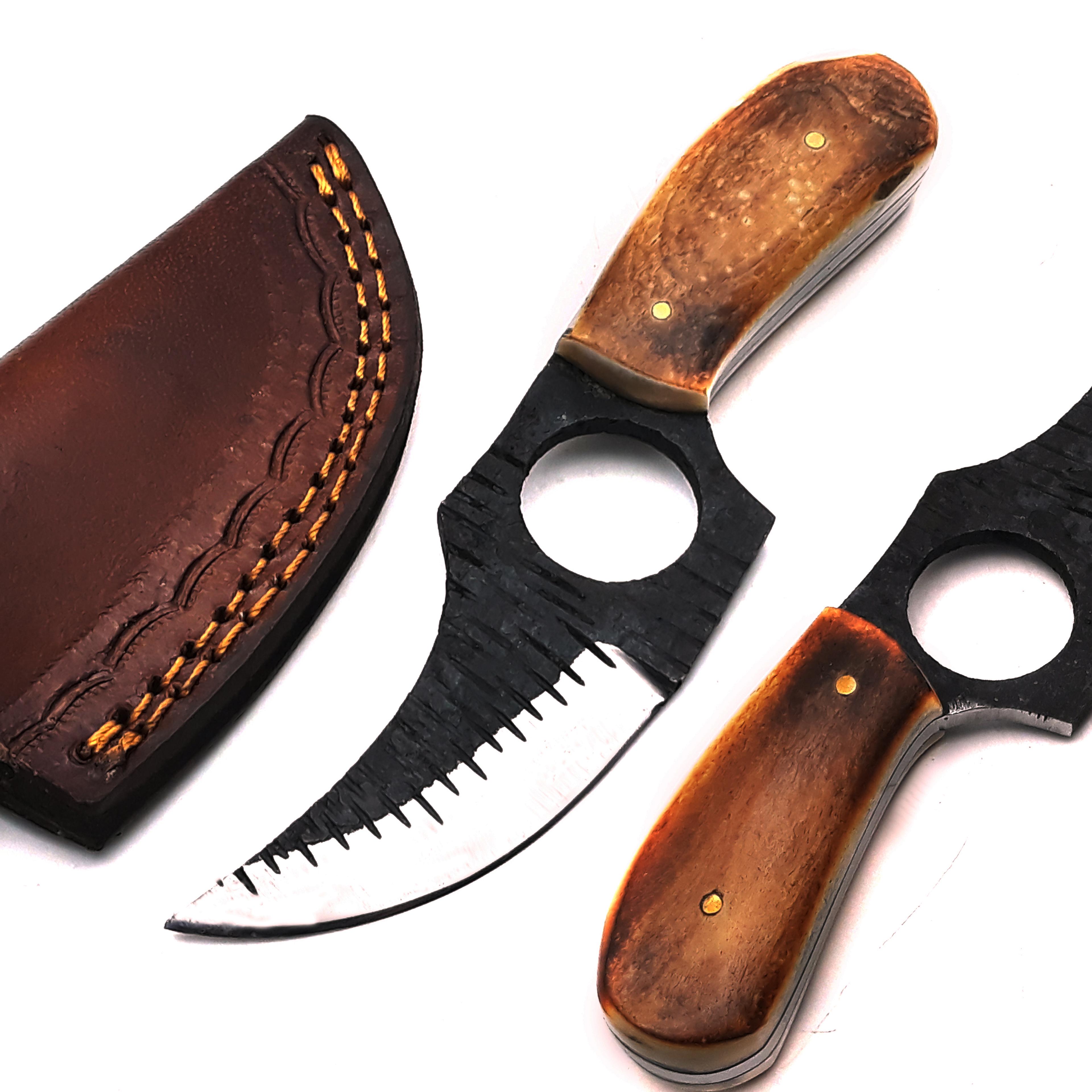 handmade d2 steel fixed blade skinning hunting knife with gut hook best for outdoor camping (burn bone)