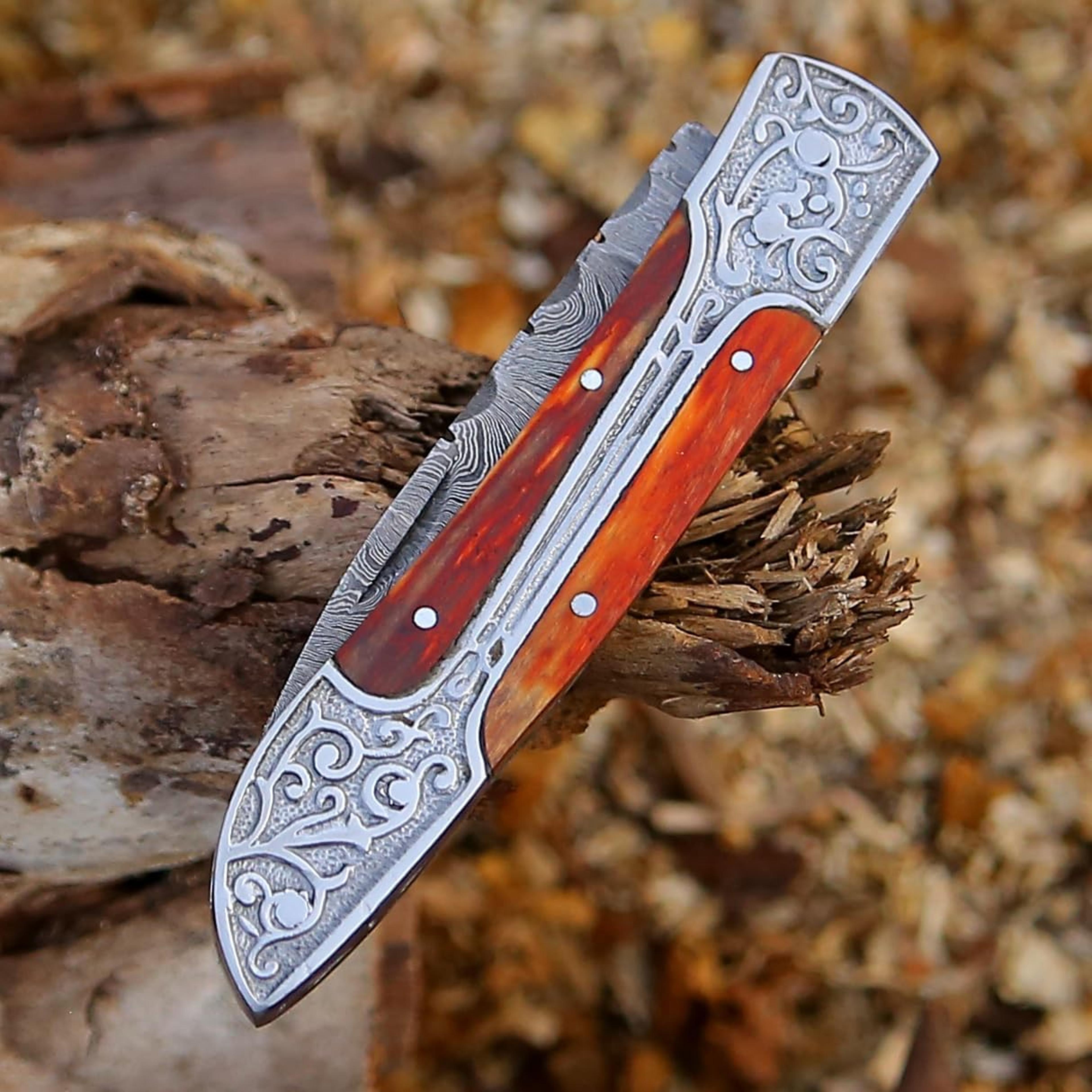 damascus pocket folding knife with lockback, lightweight multi-tool for camping, outdoor, hunting, survival, edc