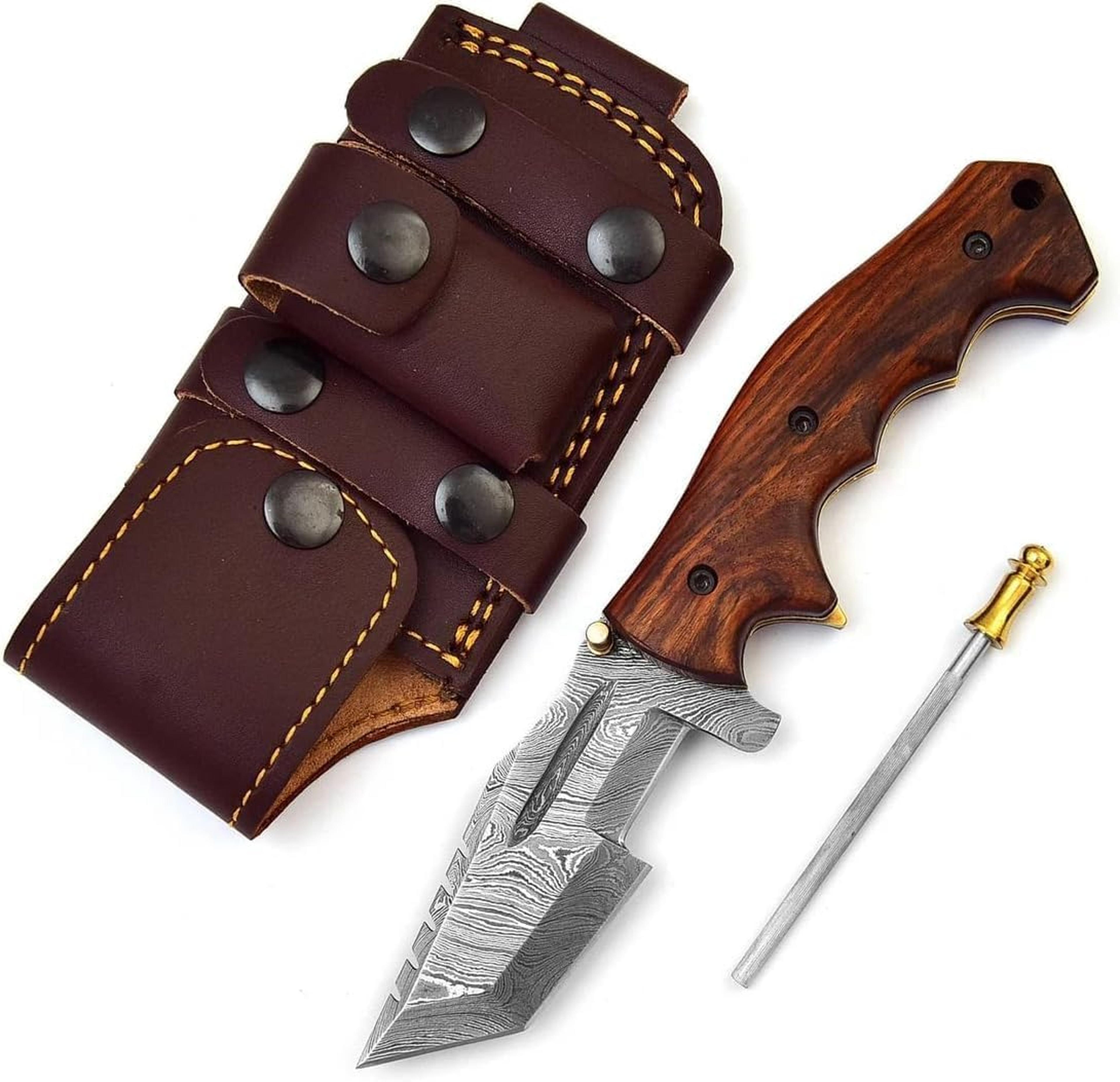 damascus handmade tracker folding pocket hunting knife for camping, rose wood customized bushcraft knife