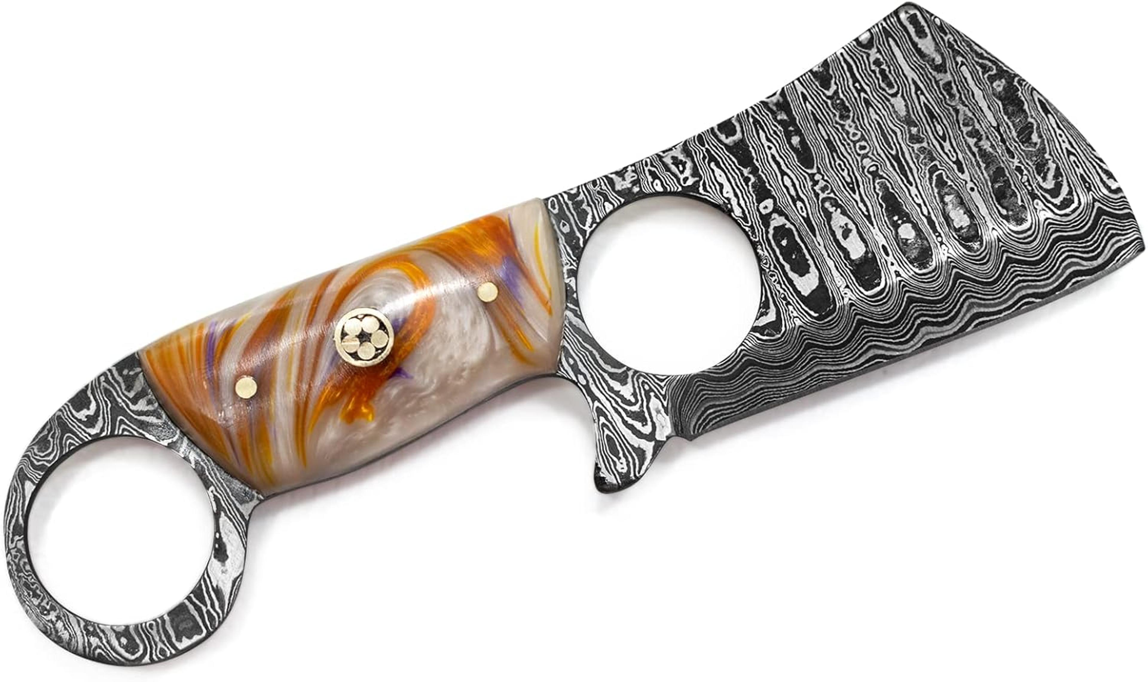damascus steel mini cleaver fixed blade pocket knife acrylic handle with sheath kitchen & outdoors