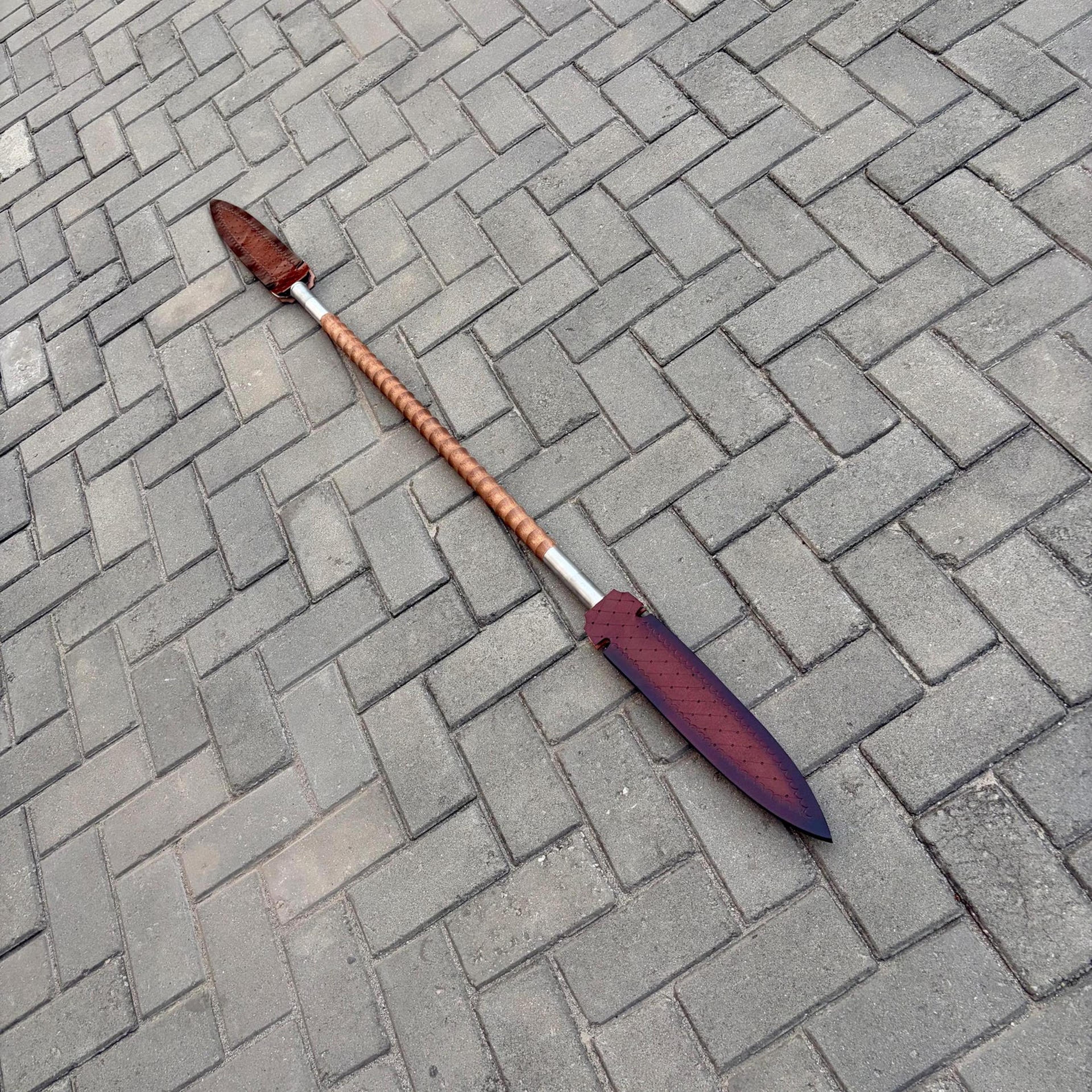 64in double-ended medieval spear steel twin blades copper wrapped shaft & leather sheaths for display
