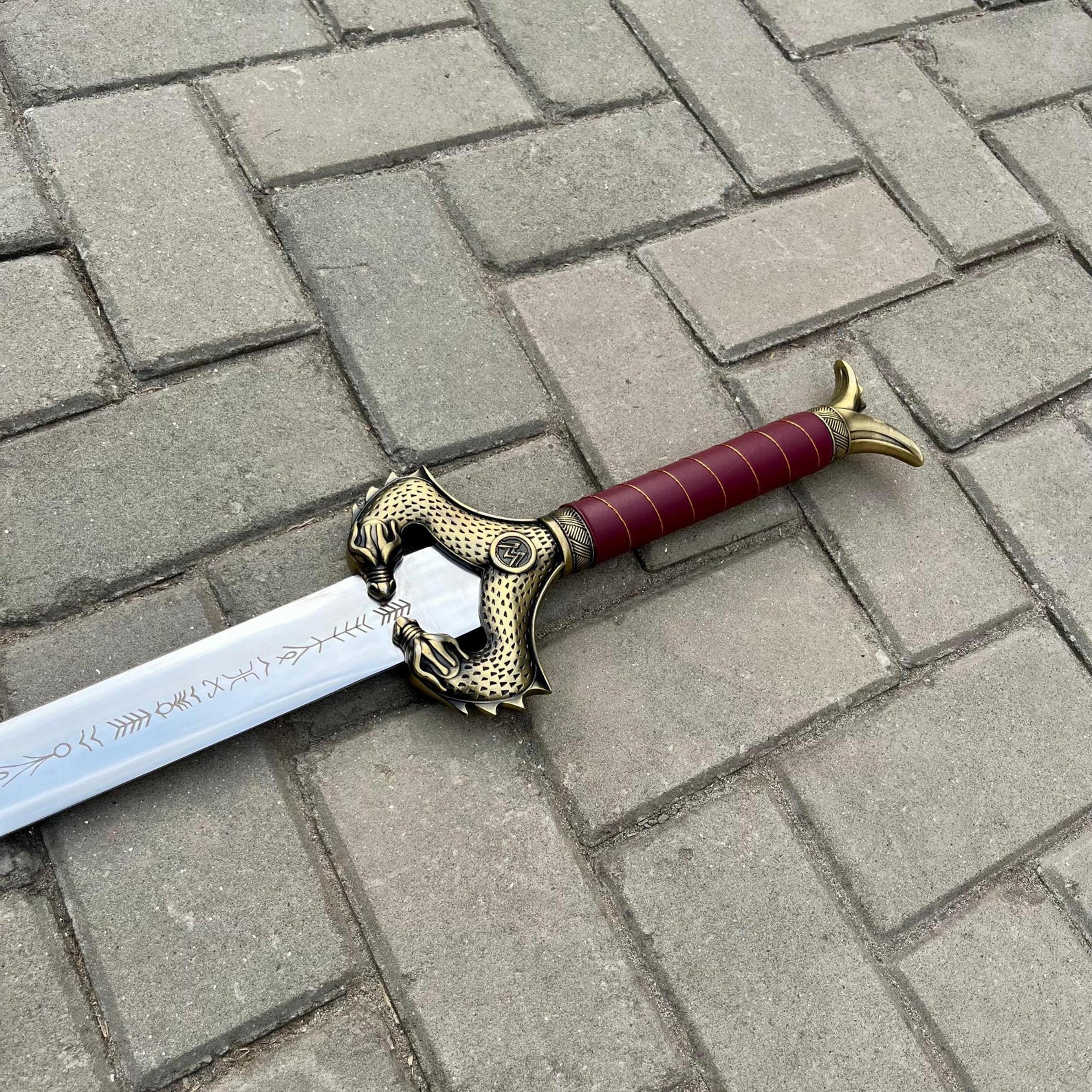 Handmade Wonder Woman Inspired Fantasy Sword With Antique Gold Tone Guard And Deep Red Wrapped 9