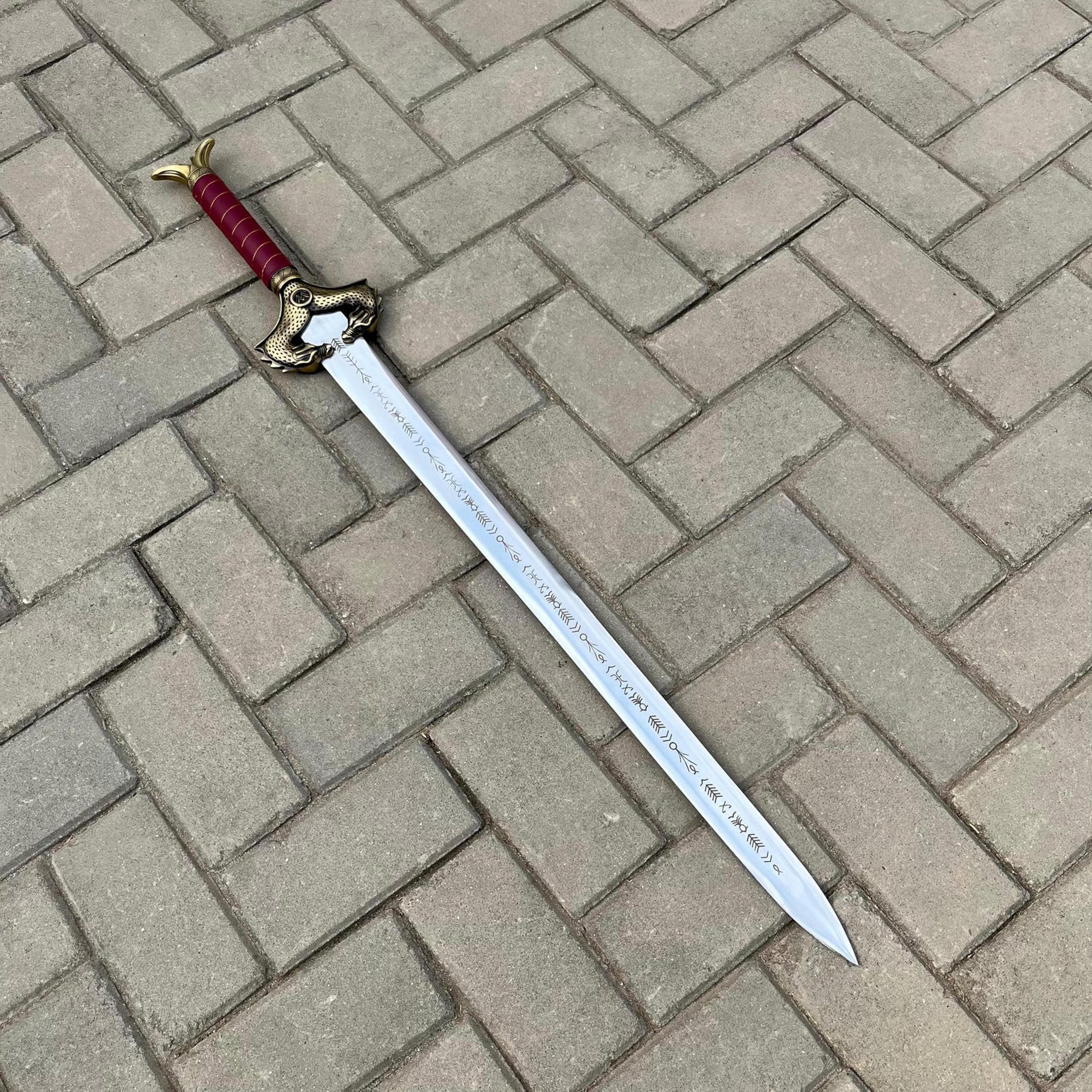 Handmade Wonder Woman Inspired Fantasy Sword With Antique Gold Tone Guard And Deep Red Wrapped 7