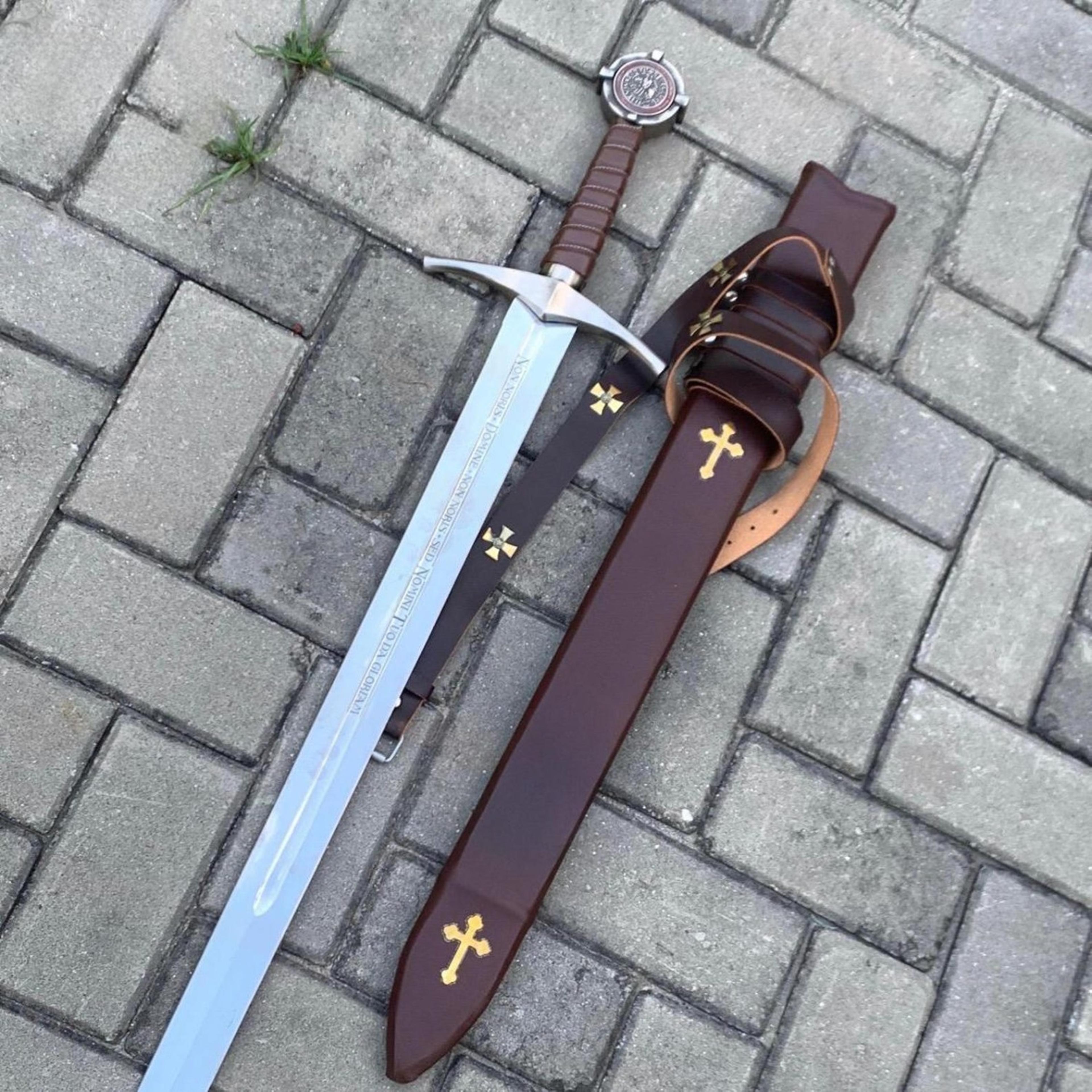 39in medieval templar knight crusader sword high carbon steel blade with brown leather scabbard