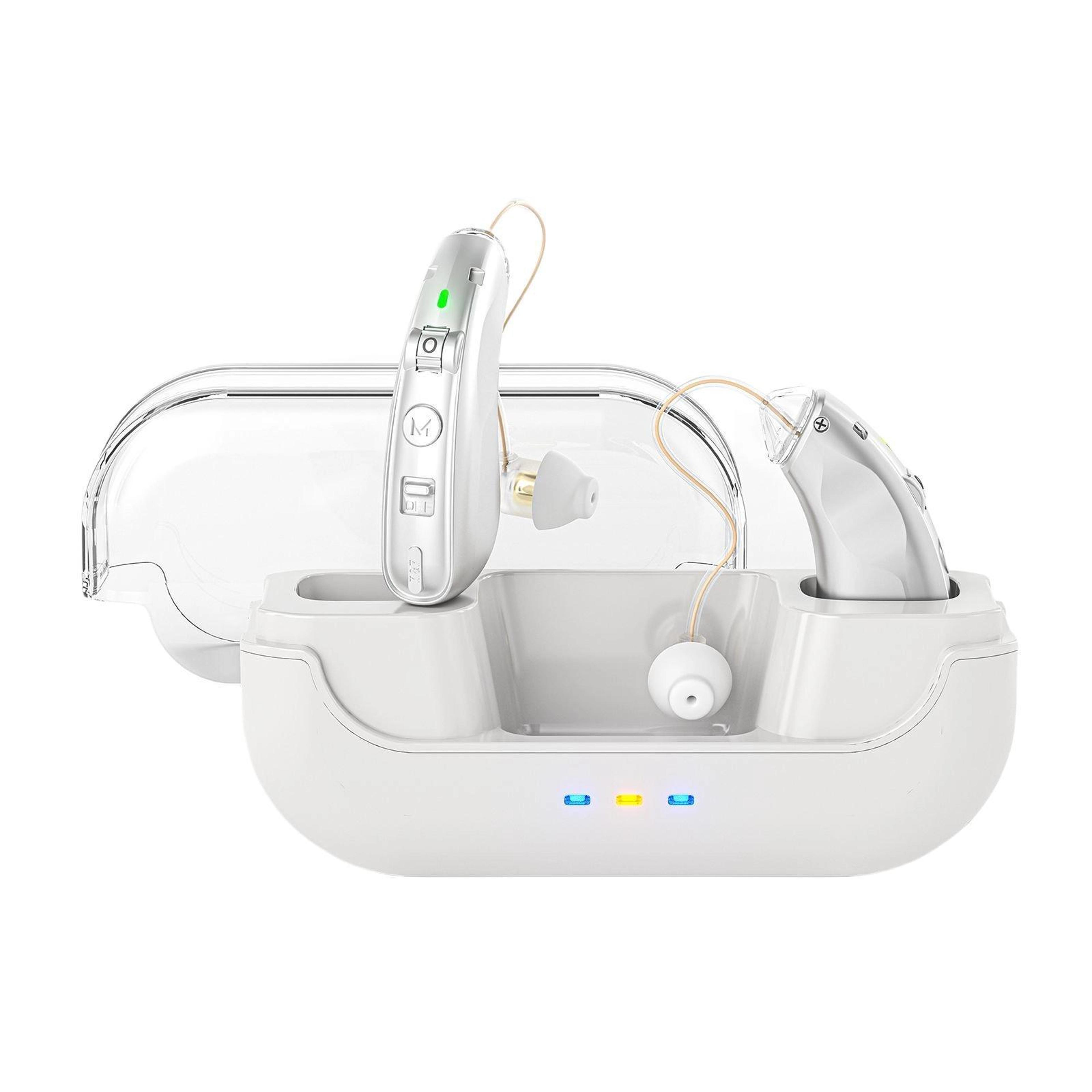 premium behind the ear hearing aids with rechargeable charging case & noise cancellation
