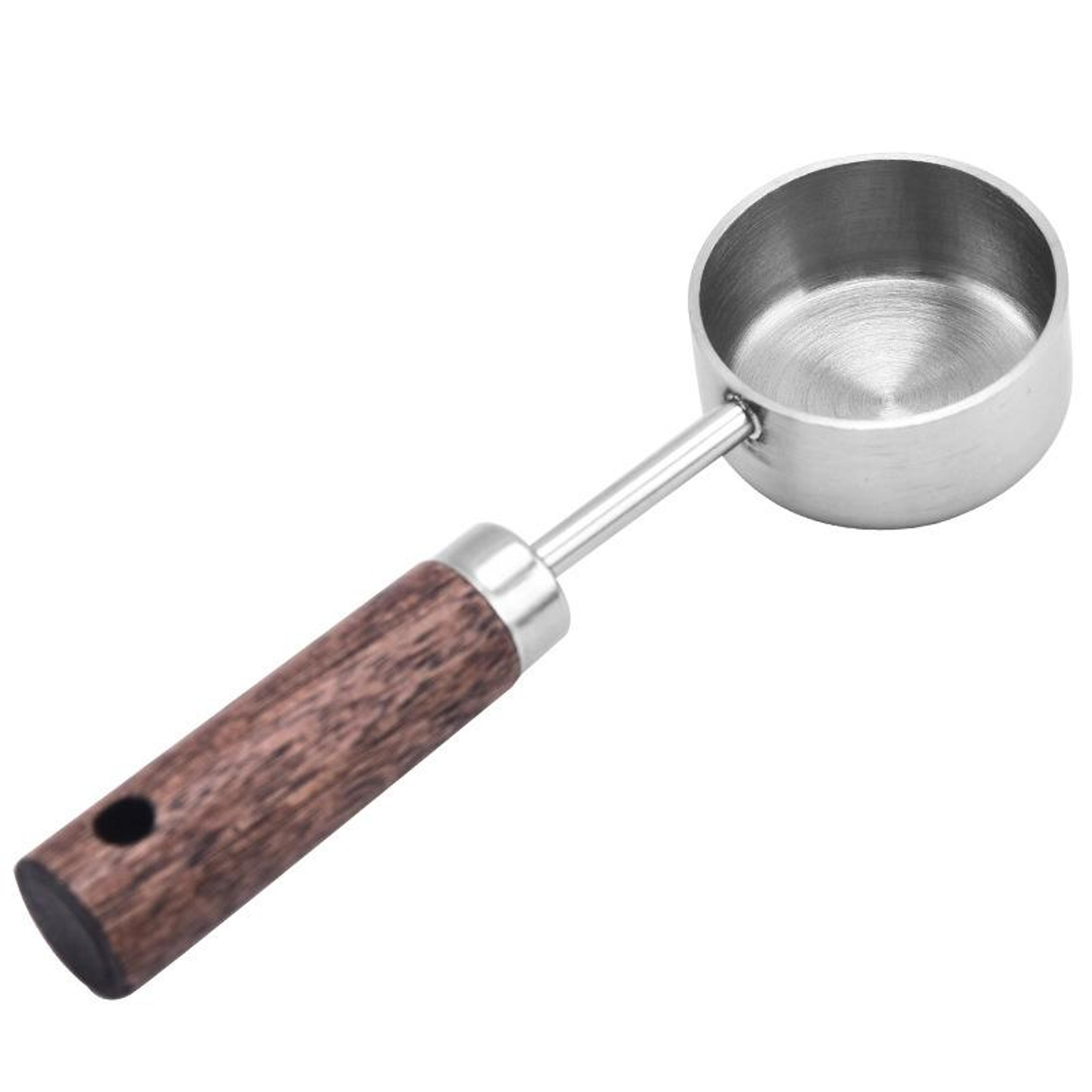 stainless steel coffee measuring scoop with wooden handle for coffee, tea & baking