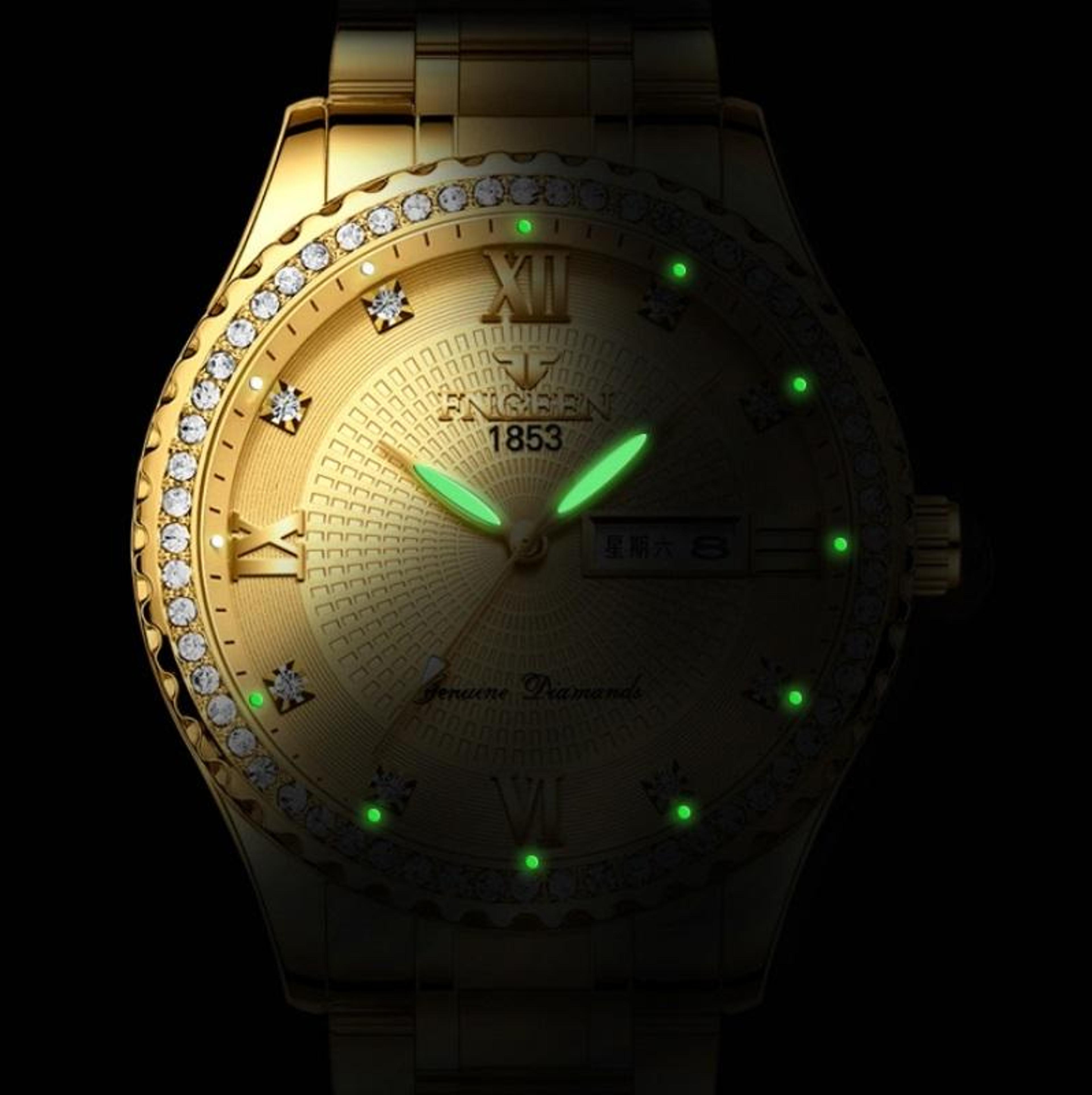 Mens Quartz Watch With Luminous Display Stainless Steel Band  Gold Black Dial 2