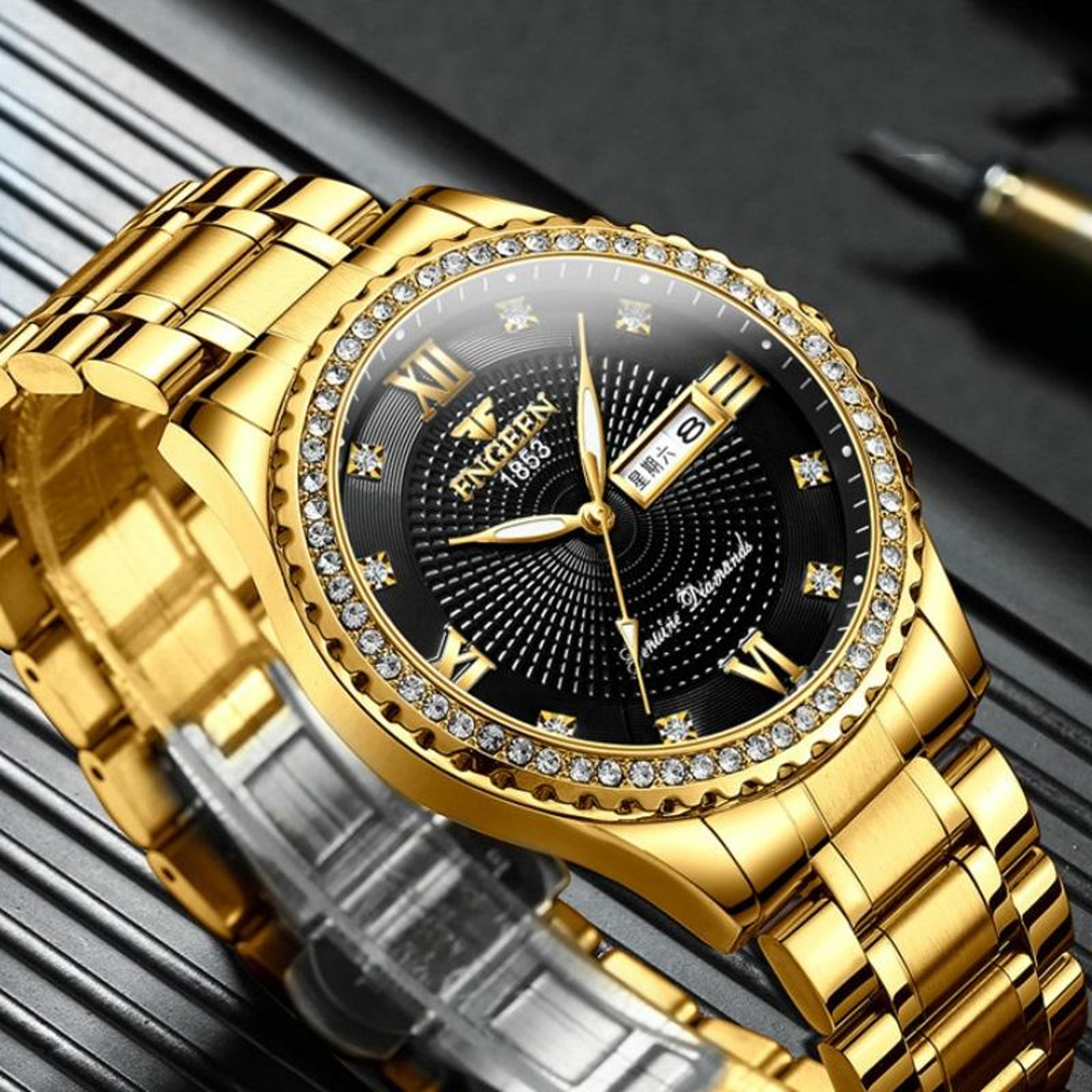 Mens Quartz Watch With Luminous Display Stainless Steel Band  Gold Black Dial 3
