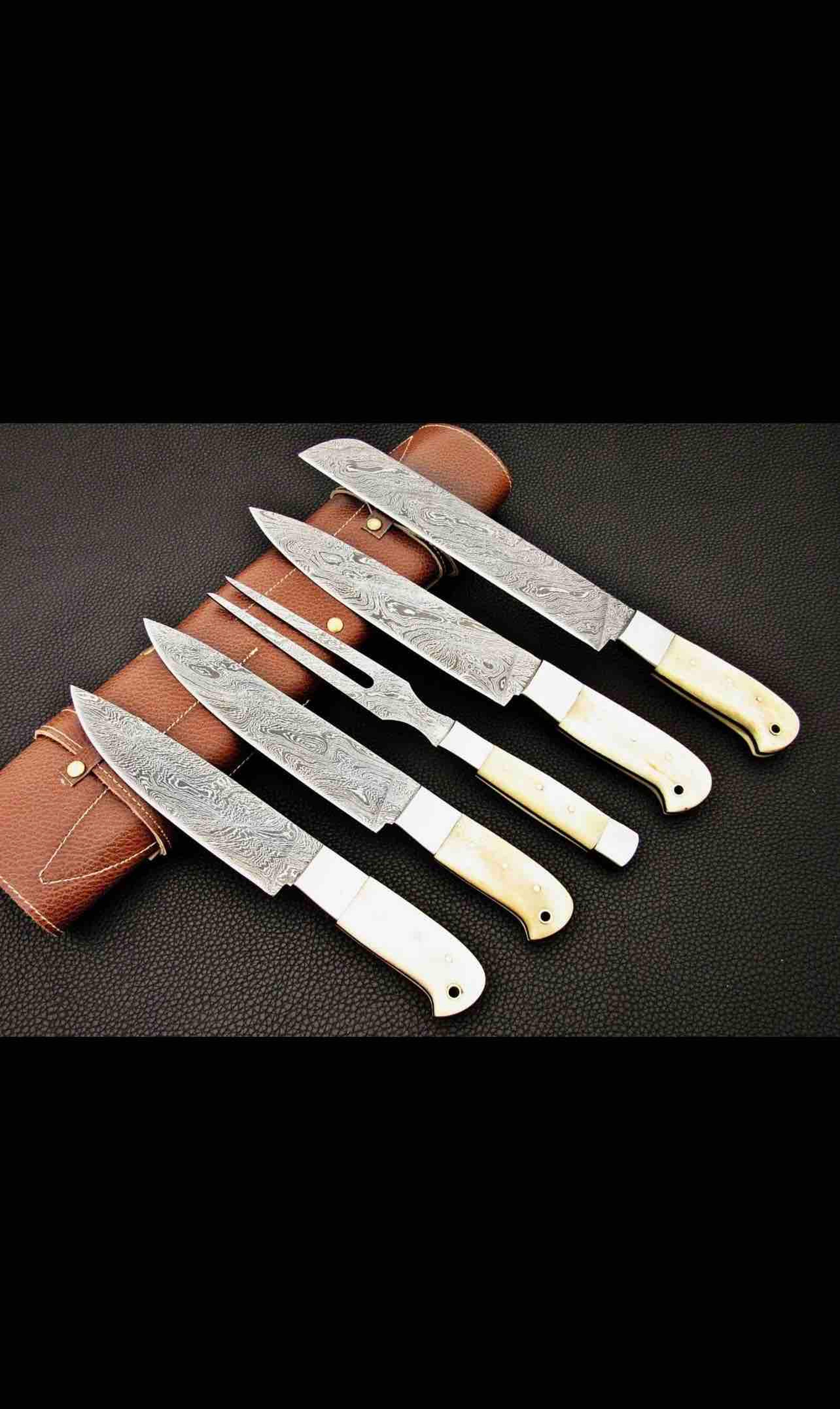 handmade damascus steel chef set with leather cover, hand forged kitchen bbq , best anniversary and birthday