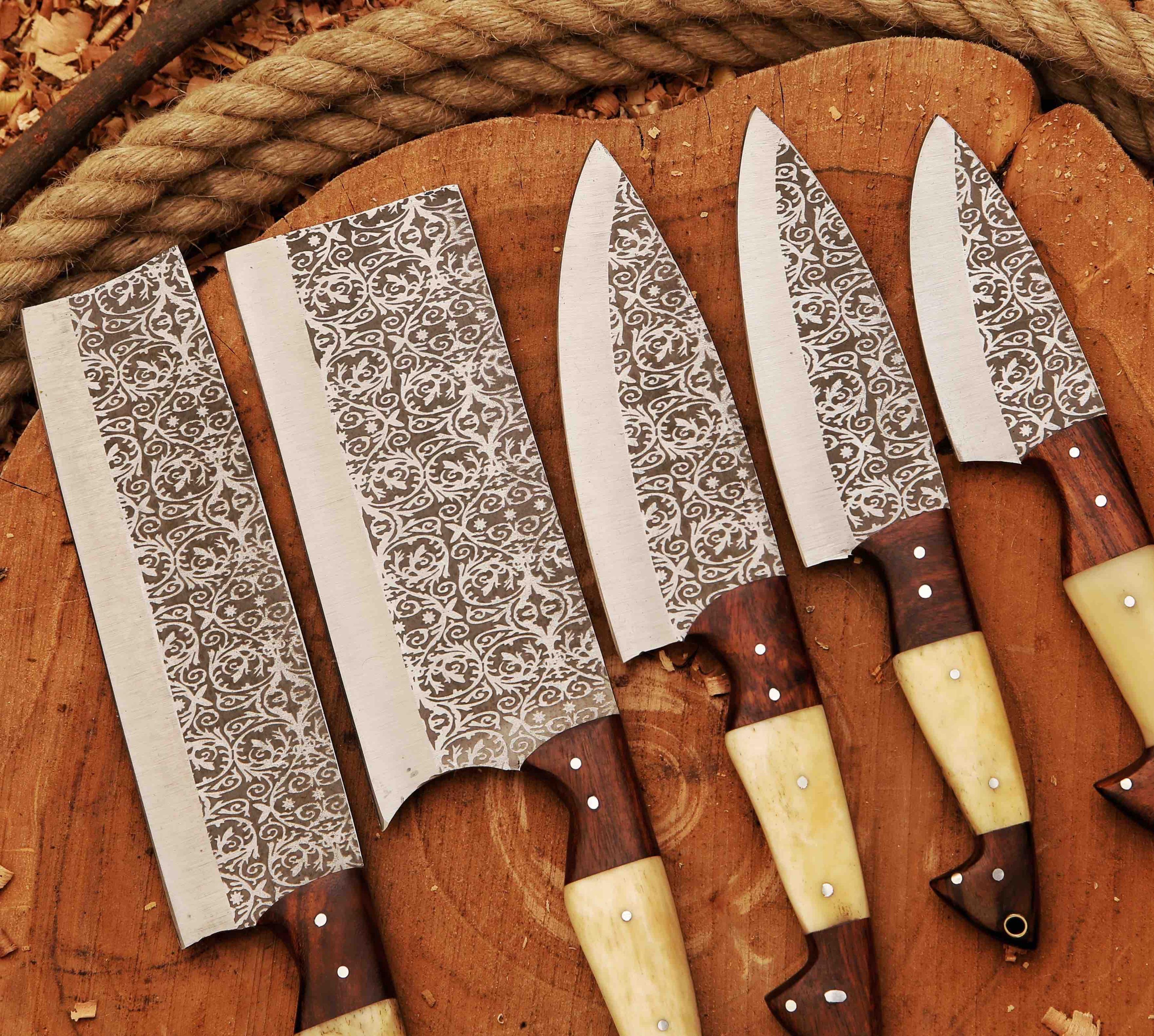 heaven forged damascus steel chef set 6 pcs with leather roll kit, handmade kitchen bbq culinary set, birthday