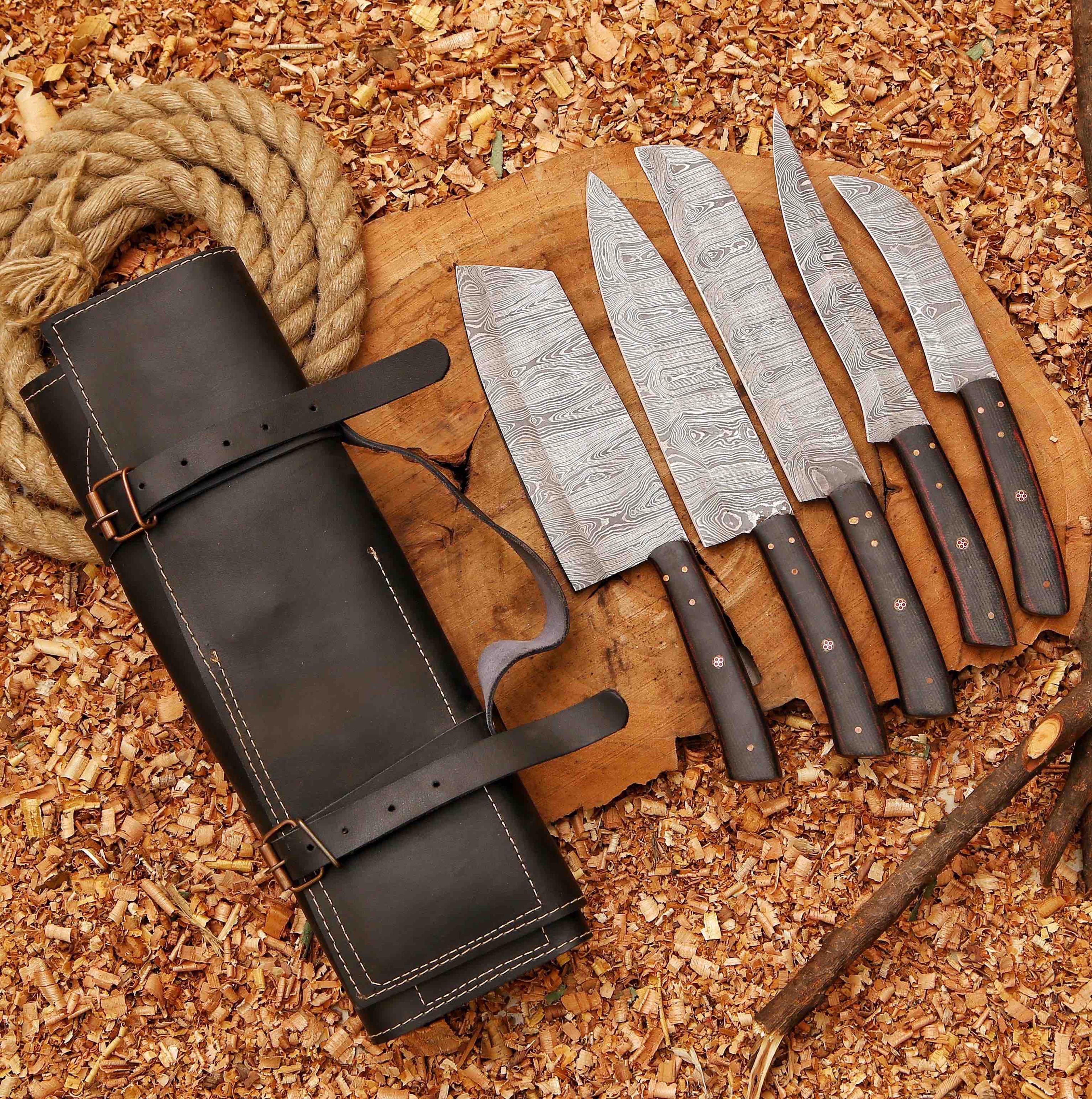 handcrafted san mai damascus chef knife set 5-piece with turquoise & rose wood handles horse leather sheath