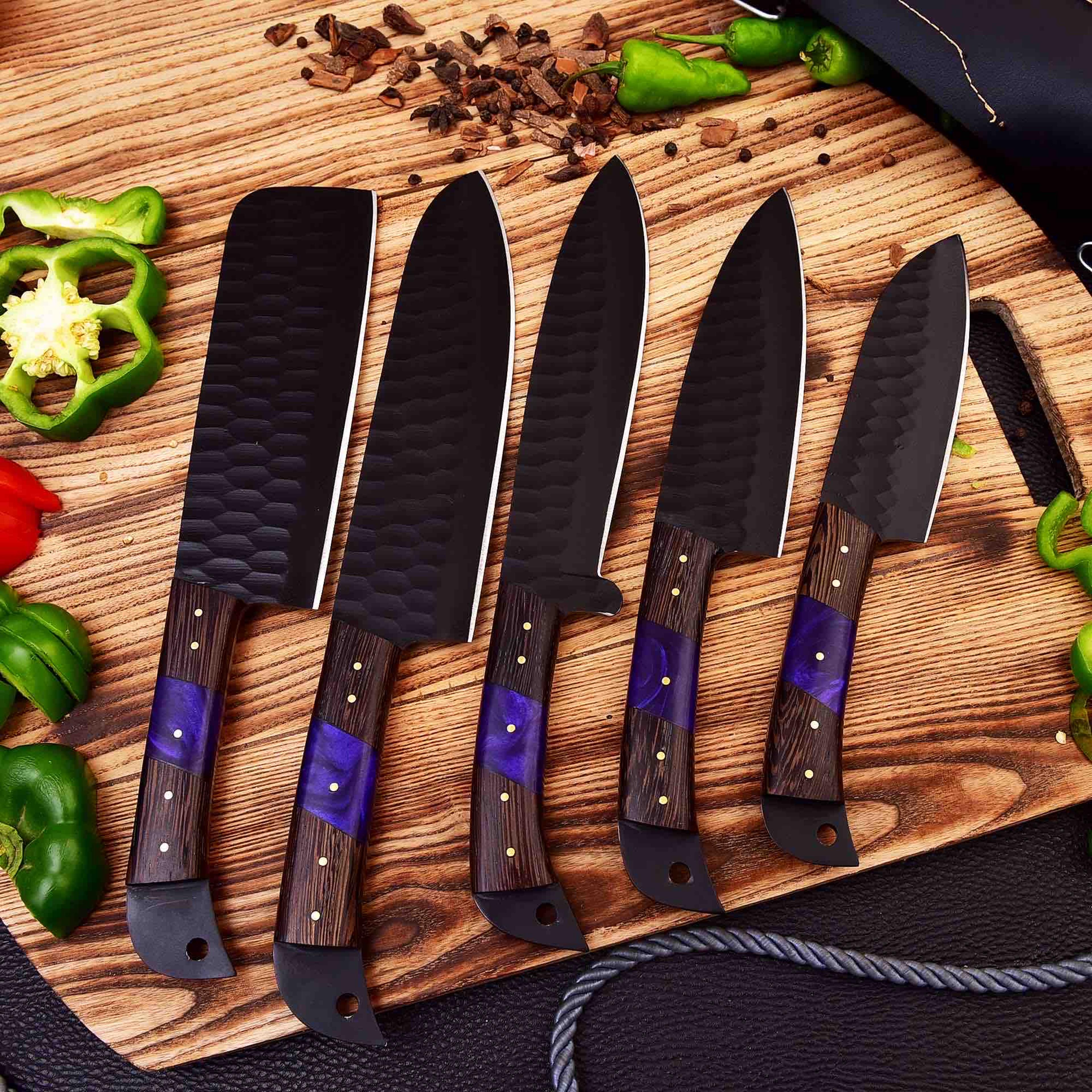 forged carbon coated steel chef set 5pcs with leather roll, handmade kitchen bbq culinary set