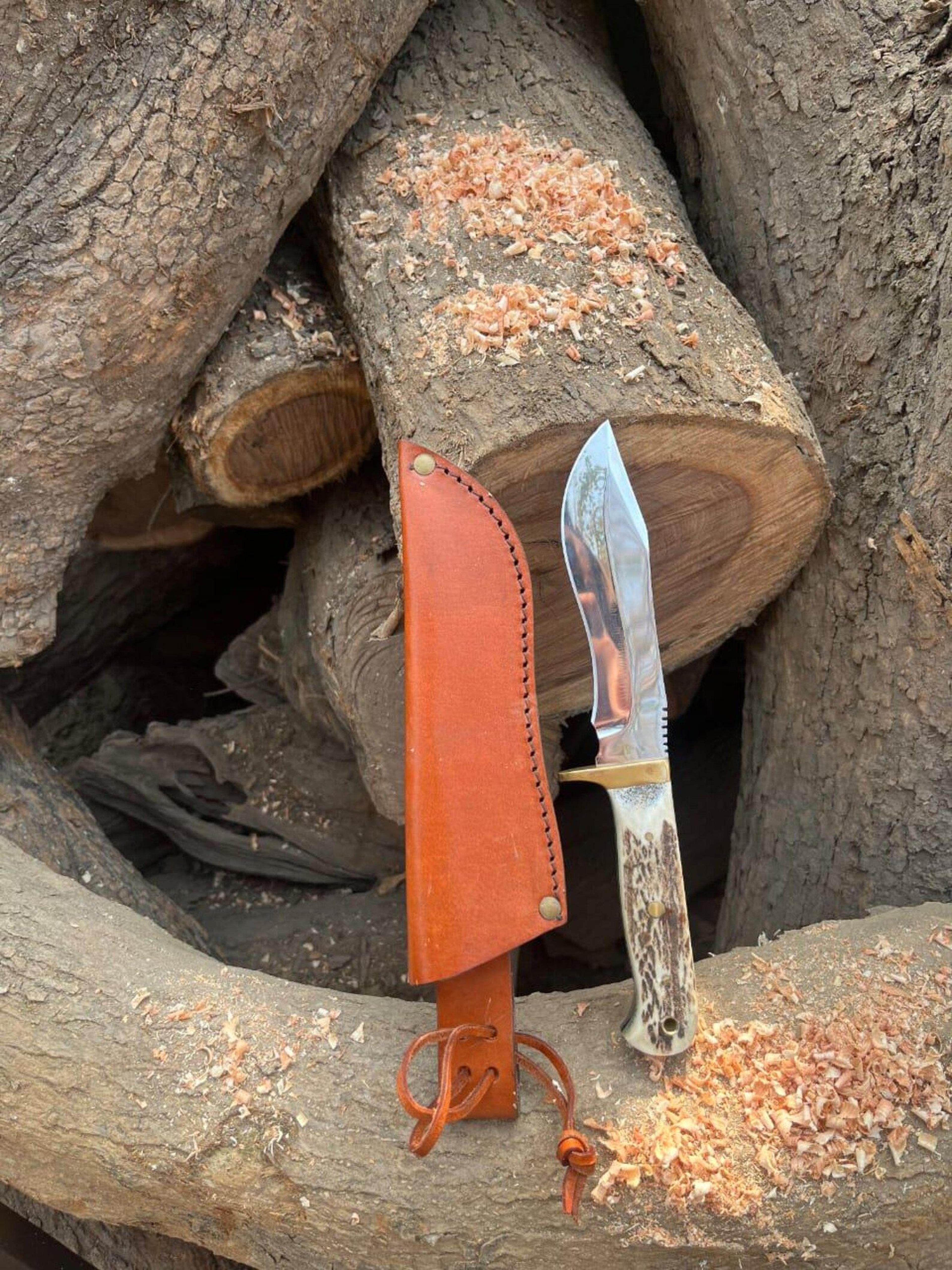 Handmade Hunting Knife Mirror Polish Steel Blade Stag Antler Handle Leather Sheath Gift 3