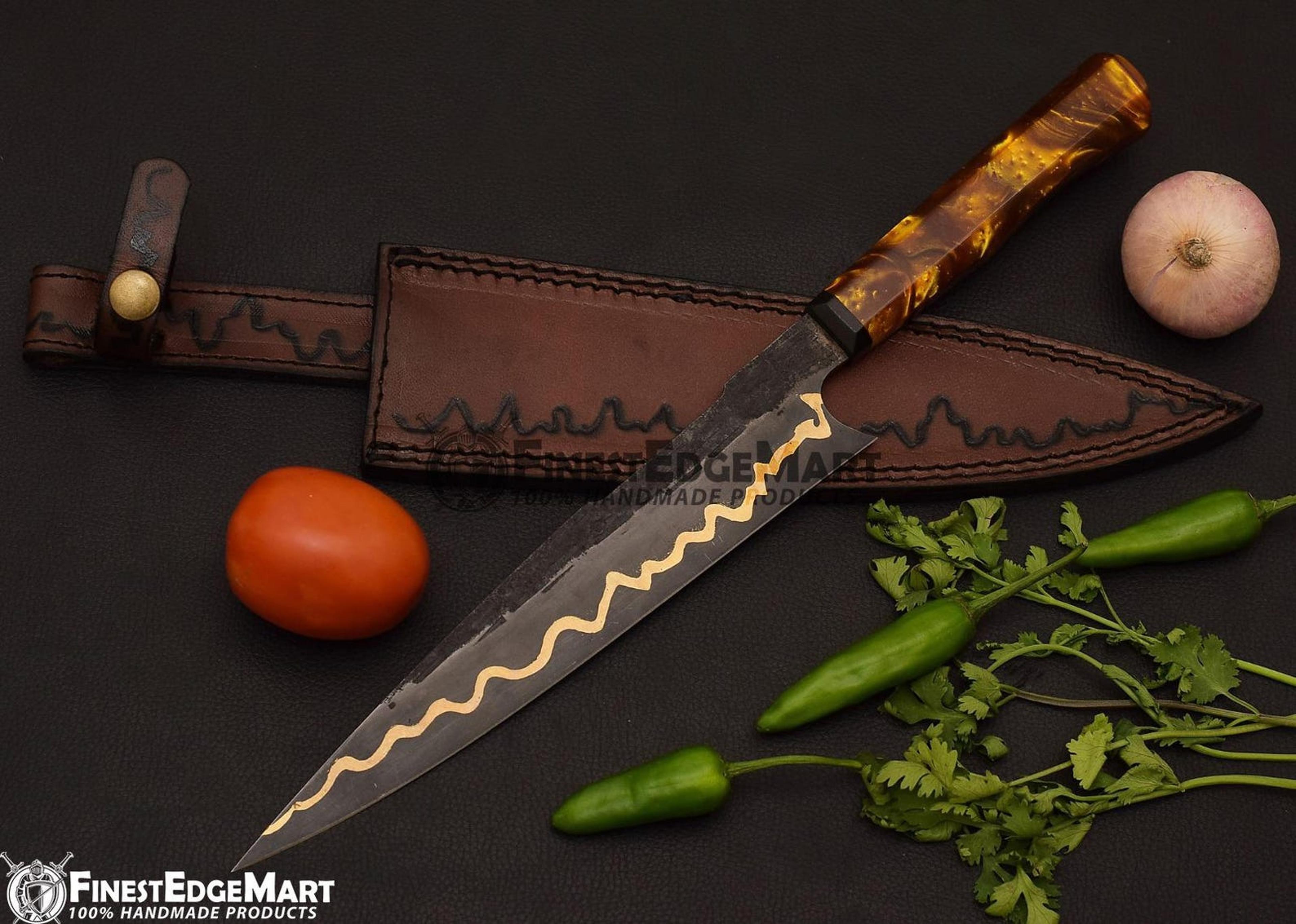 Handmade Copper Damascus Chef Knife Luxury Kitchen Blade With Resin Handle And Protective Sheath Gi