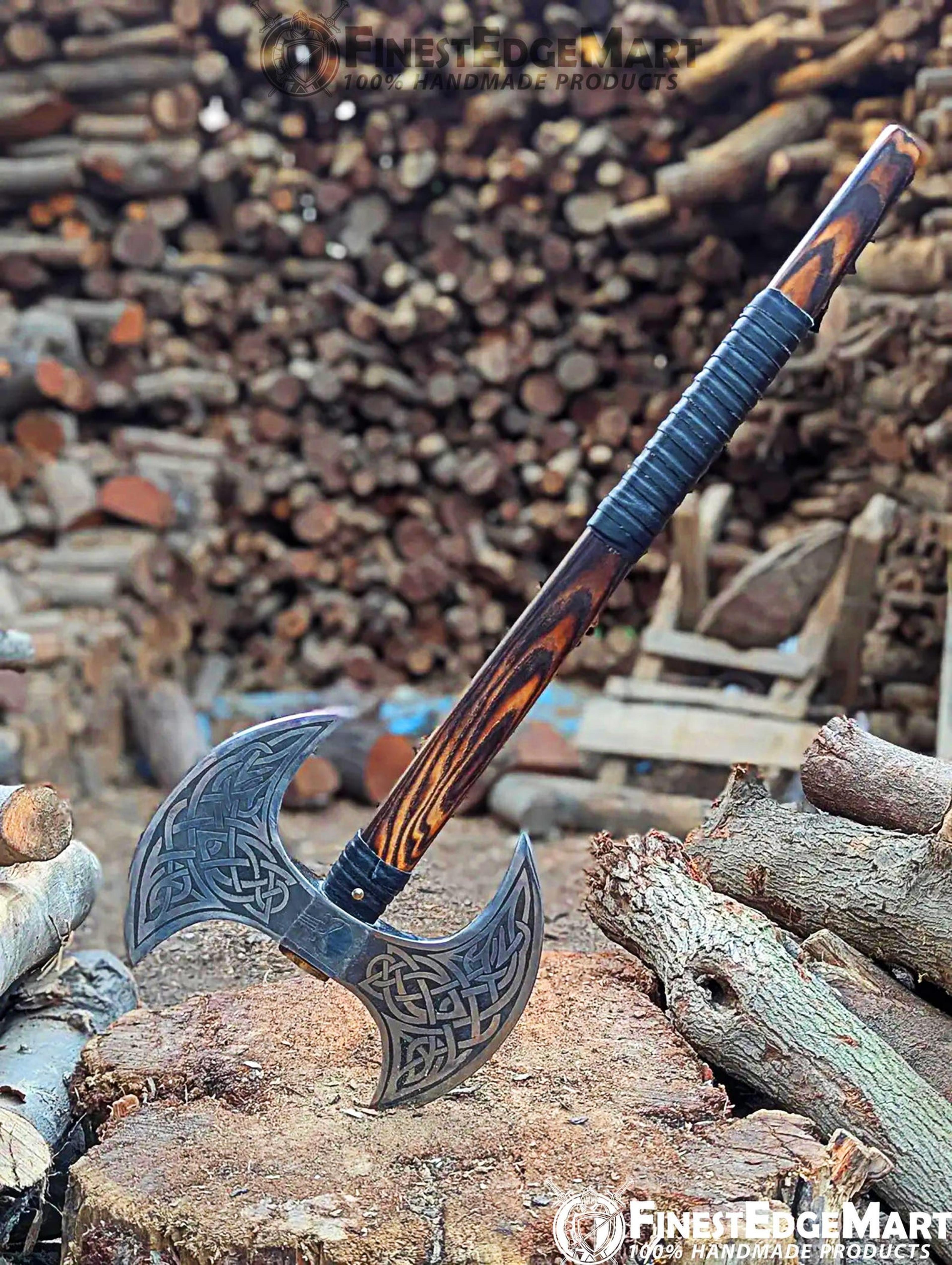 Hand Forged Double Headed Viking Battle Axe Collectible With Ash Wood Handle And Leather Sheath  Pe