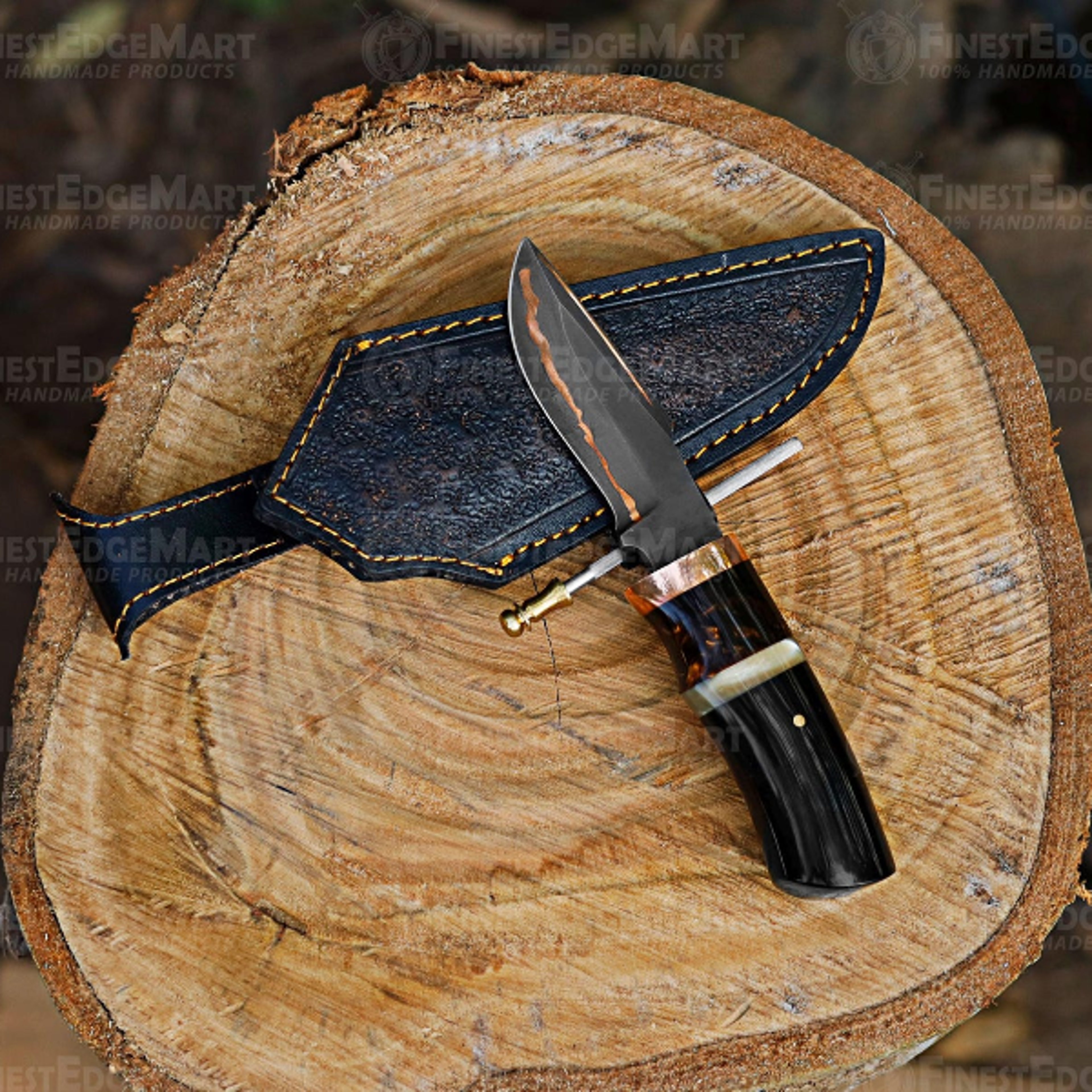 handcrafted copper damascus pocket knife with turquoise resin handle | unique handmade gift for outdoor enthusiasts and