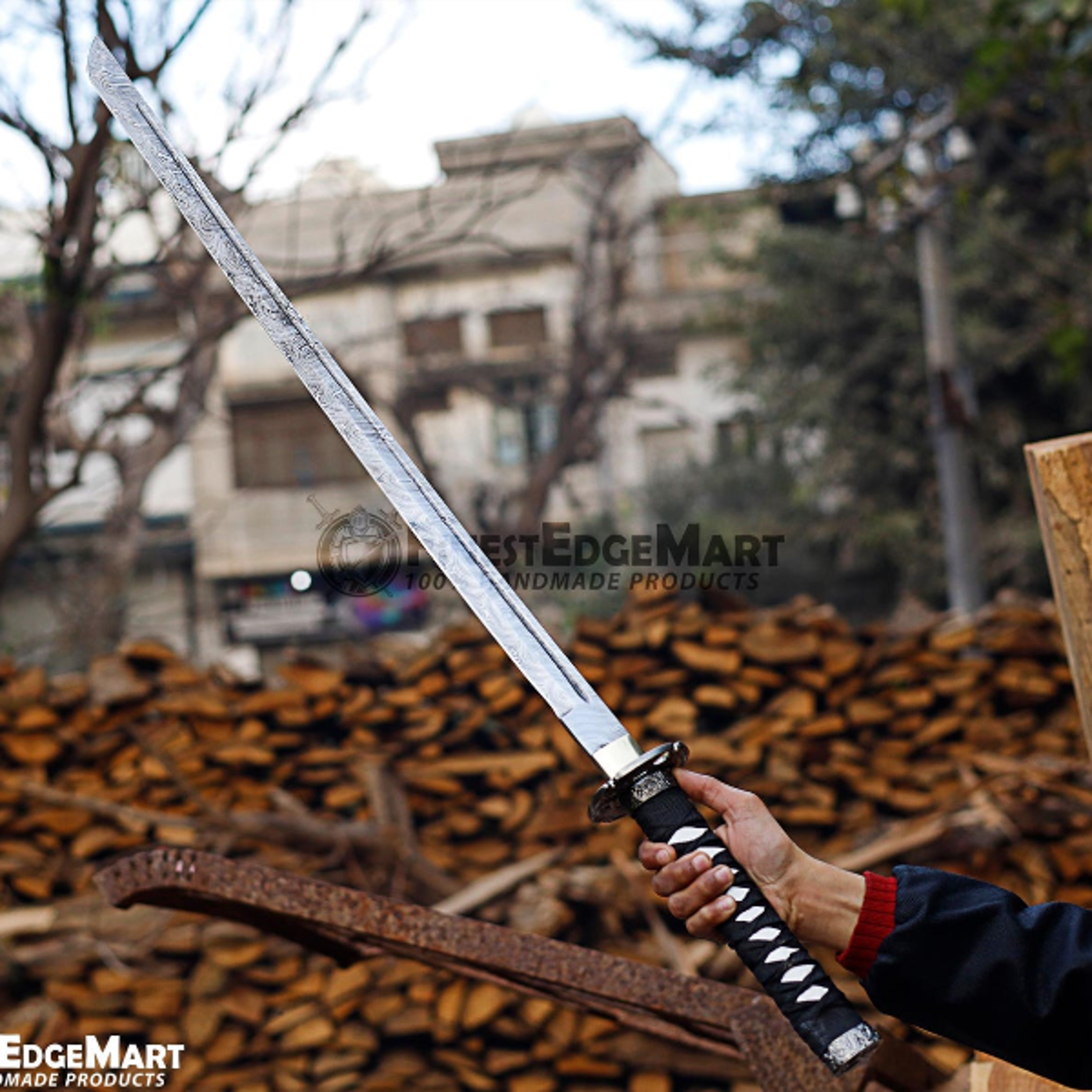 authentic hand forged damascus steel katana replica - traditional japanese style samurai sword with full tang constructi