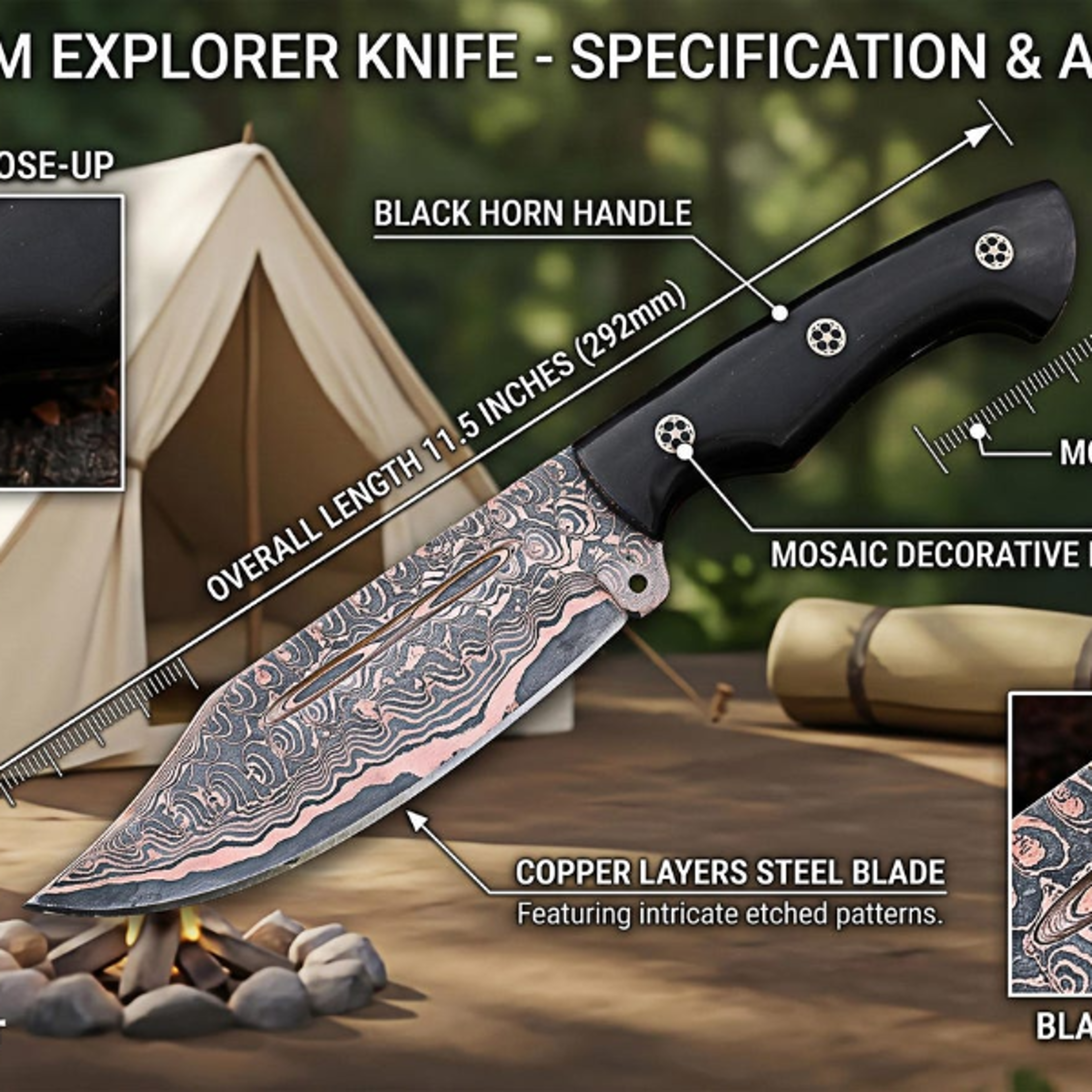 handcrafted copper damascus skinner knife with unique black horn and rosewood handle for collectors and outdoor enthusia