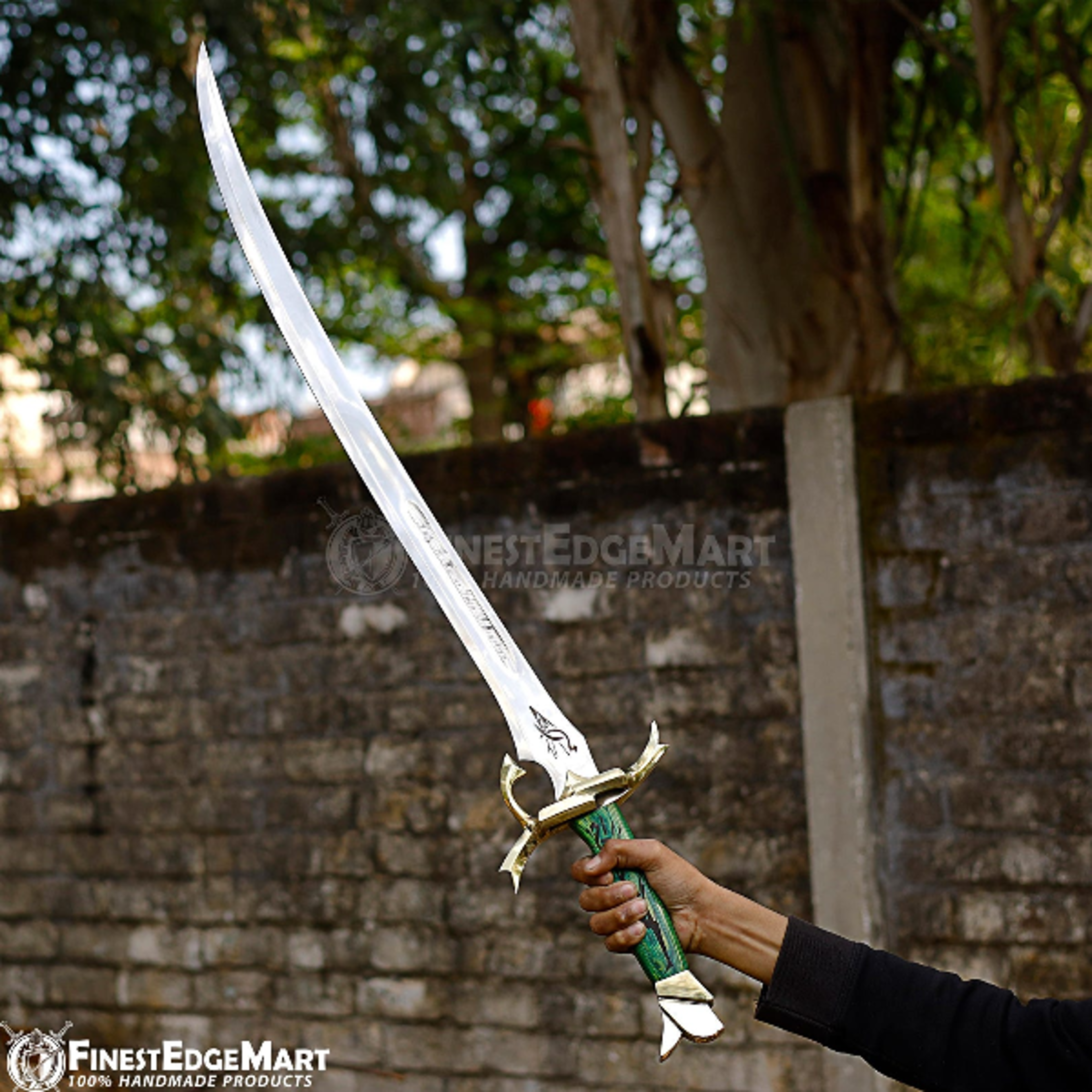 handcrafted heron mark inspired sword replica with d2 steel blade, brass guard, and leather scabbard for decorative coll
