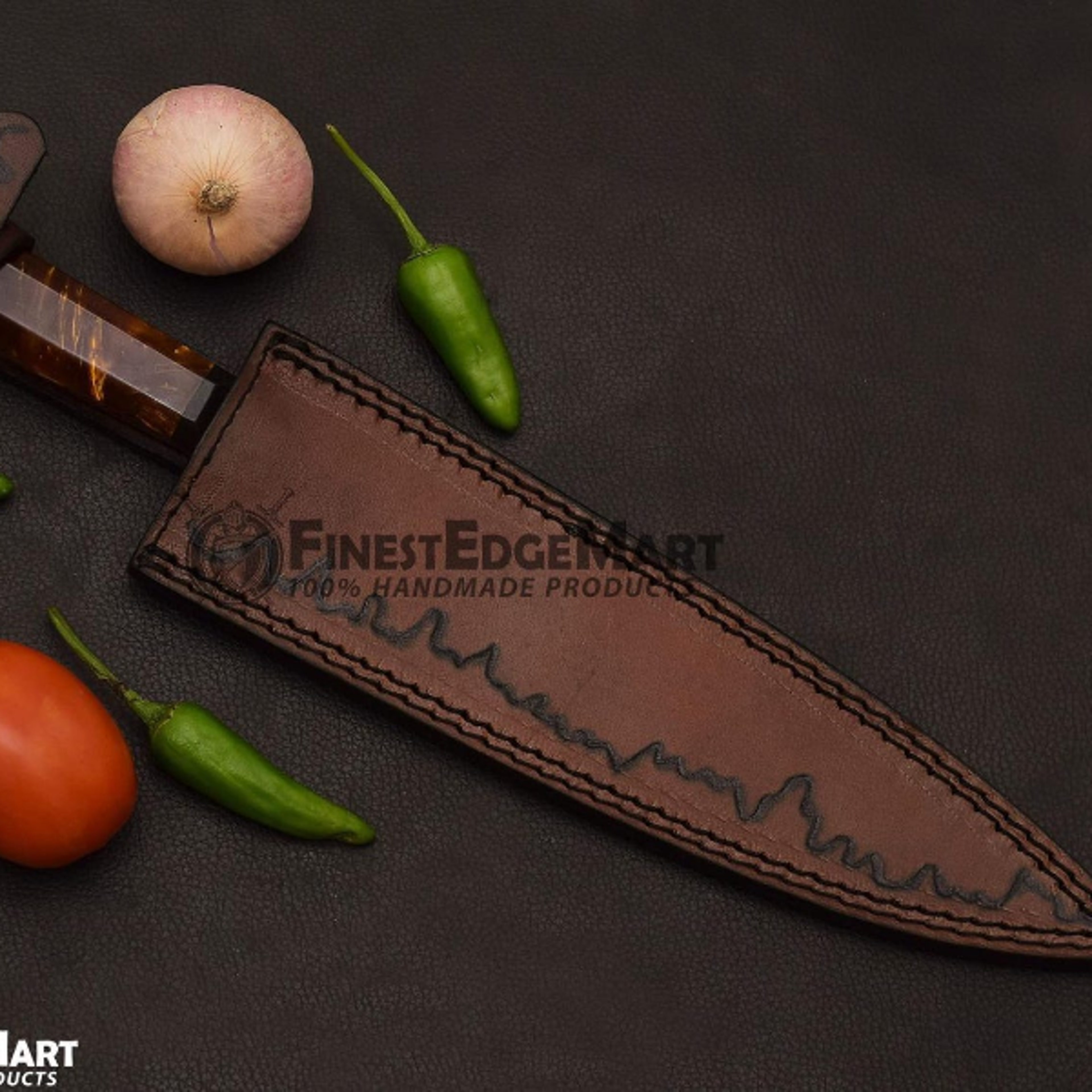 Handmade Copper Damascus Chef Knife Luxury Kitchen Blade With Resin Handle And Protective Sheath Gi