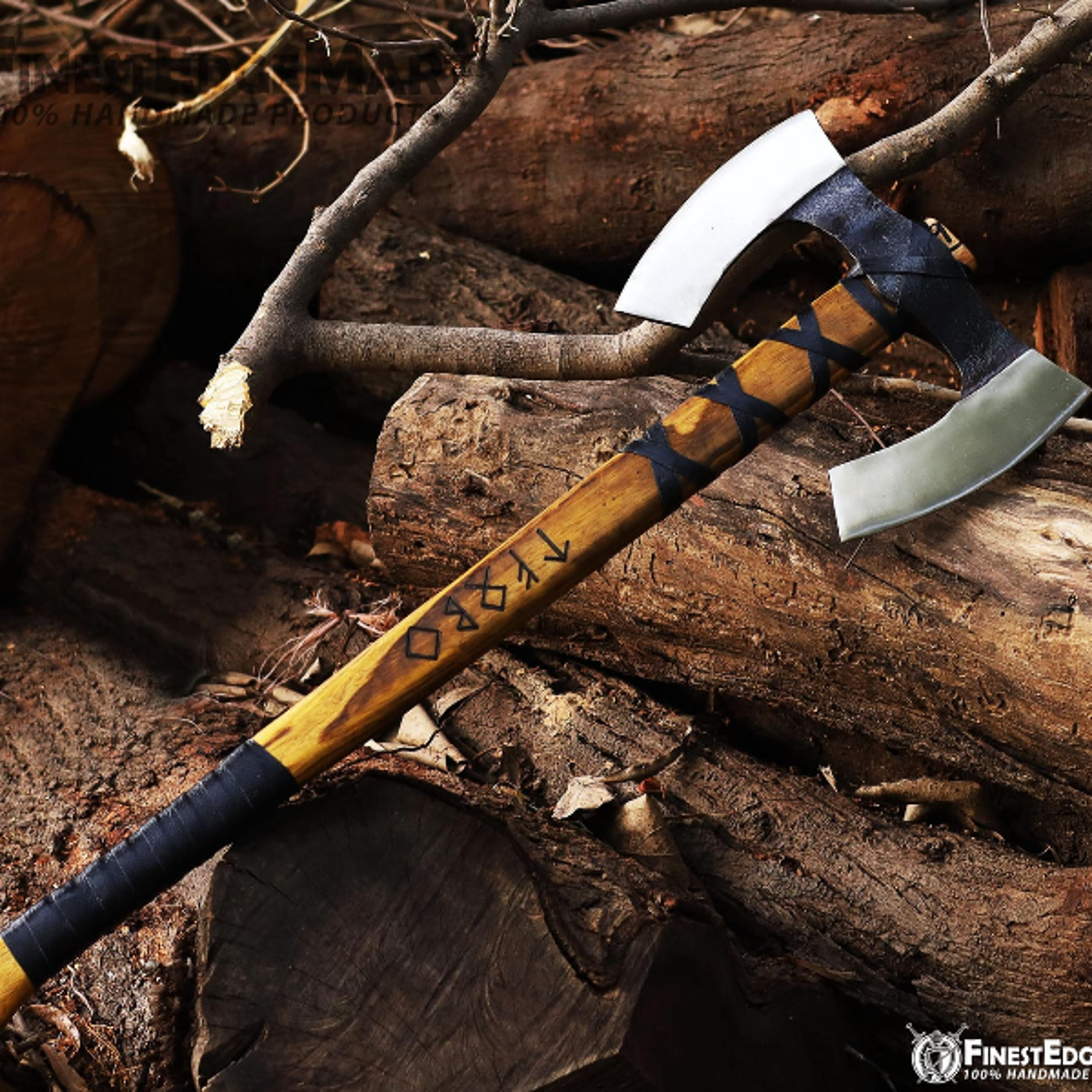 handcrafted hand forged double head viking axe with leather wrapped ash handle and traditional viking etching pattern
