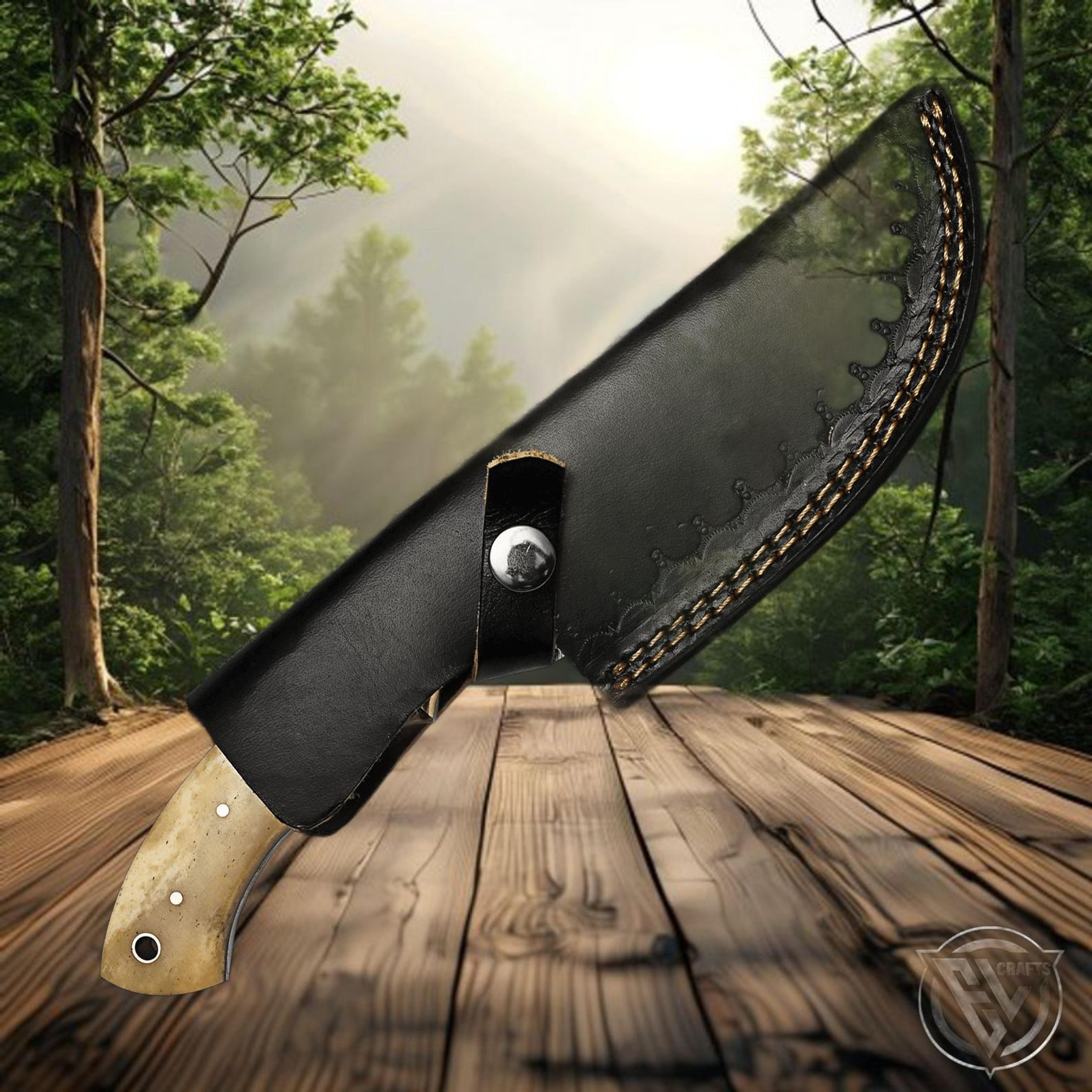 Best Damascus Steel Tracker Knife With HandForged D2 Blade And Camel Bone Handle For Camping Huntin