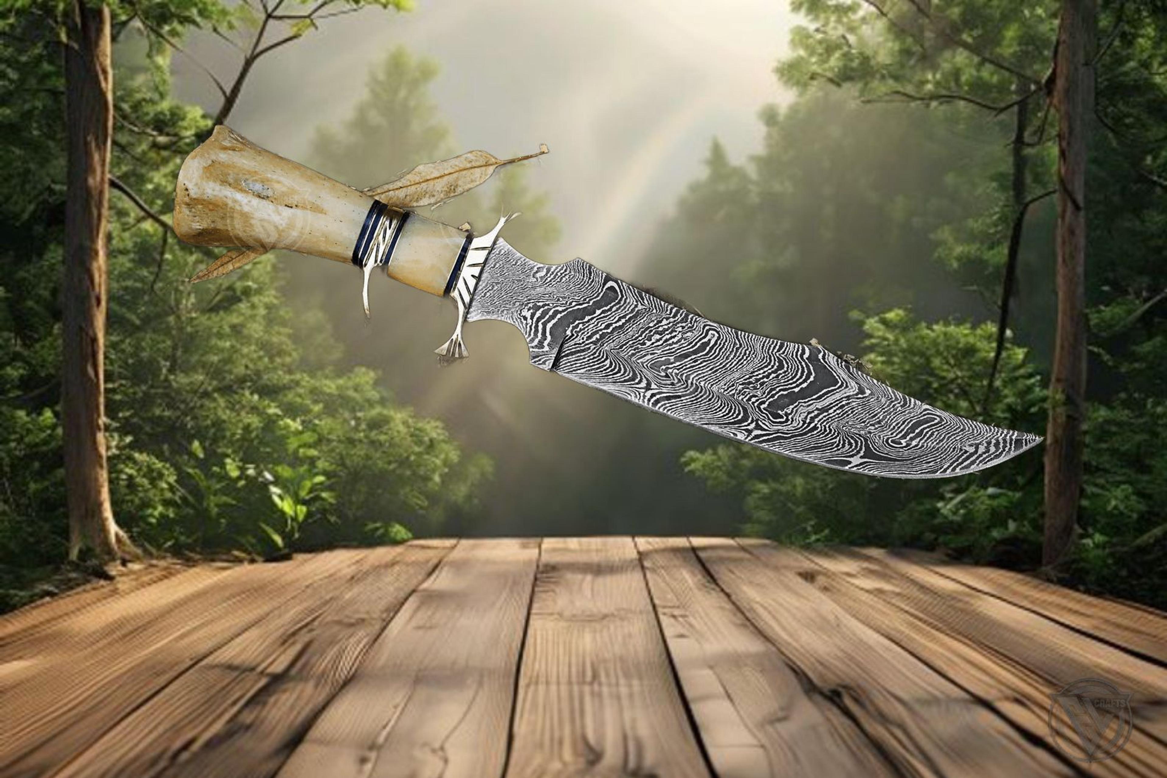 Unique Handcrafted Damascus Steel Bowie Knife With Camel Bone Handle And Leather Sheath  Perfect Fo