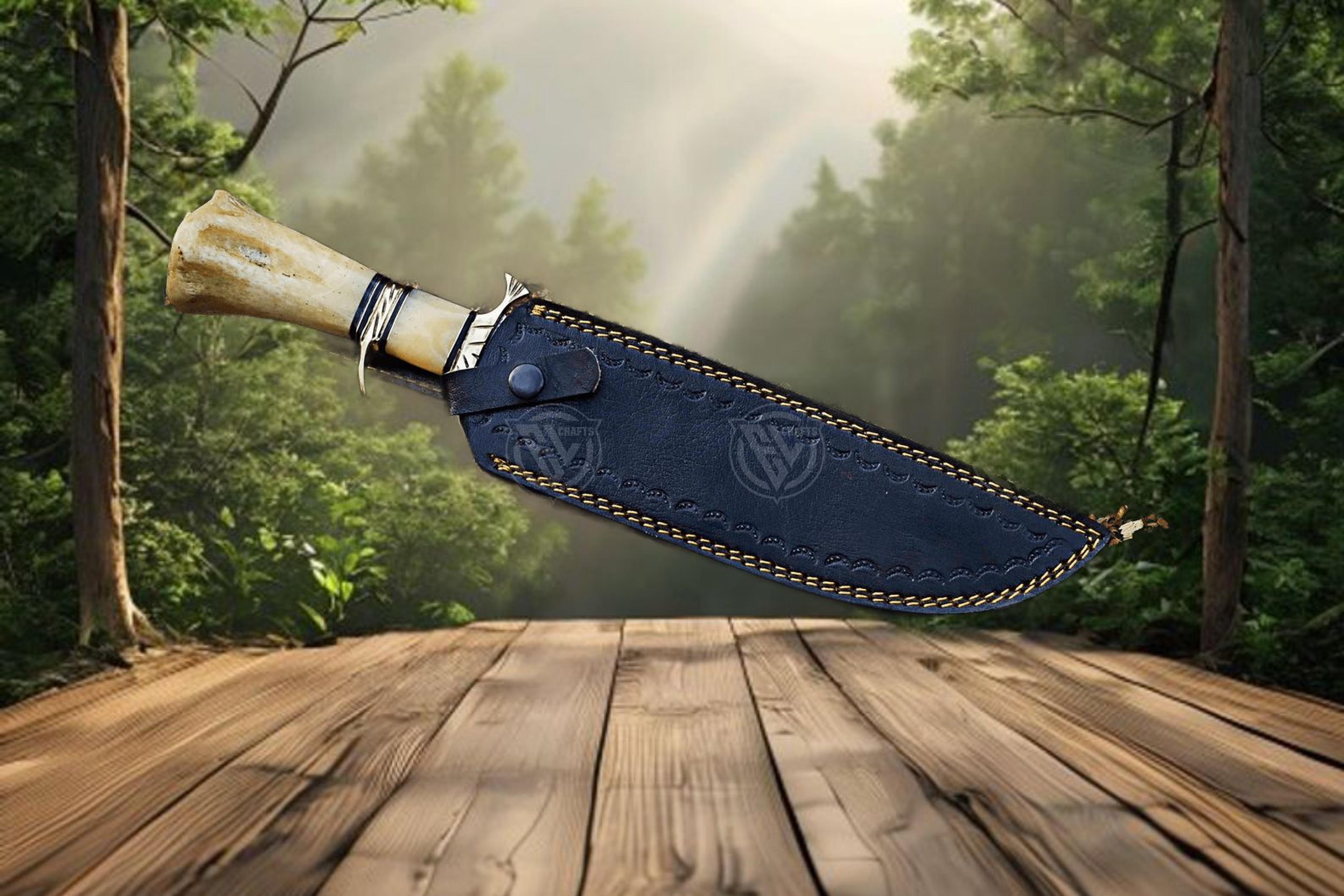 Unique Handcrafted Damascus Steel Bowie Knife With Camel Bone Handle And Leather Sheath  Perfect Fo
