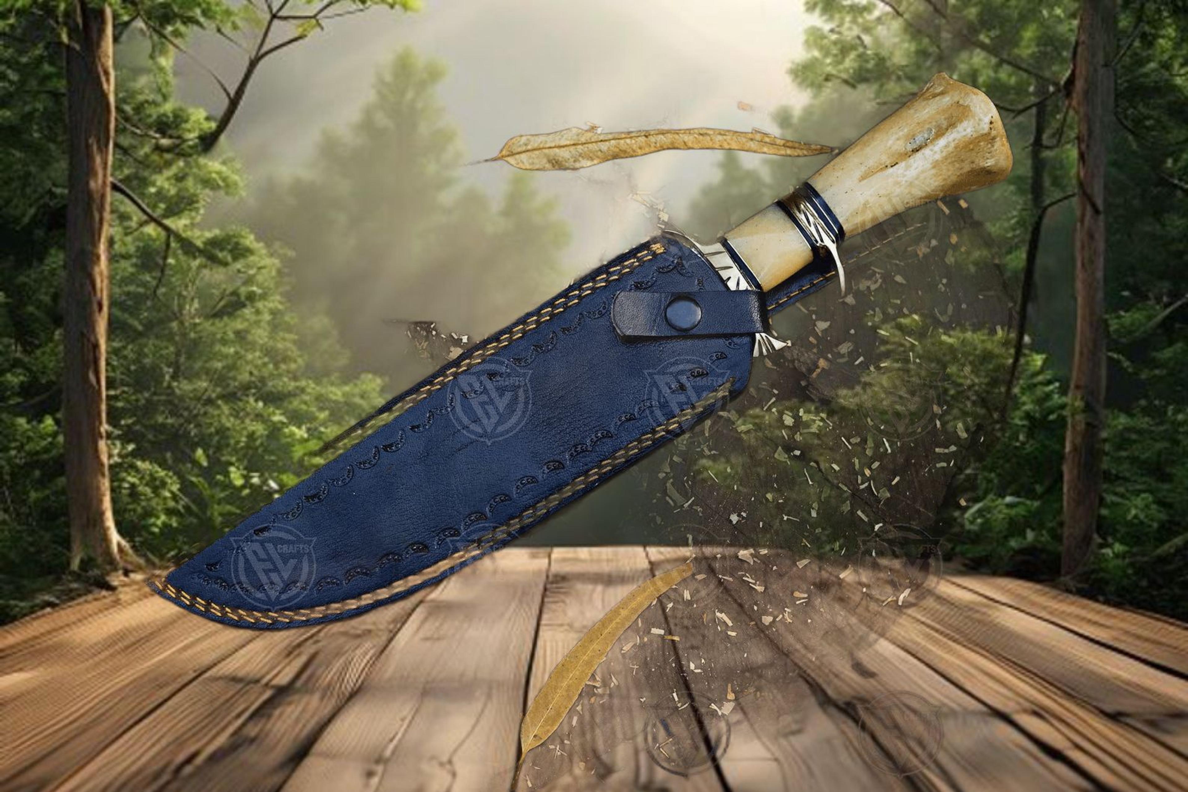 Unique Handcrafted Damascus Steel Bowie Knife With Camel Bone Handle And Leather Sheath  Perfect Fo