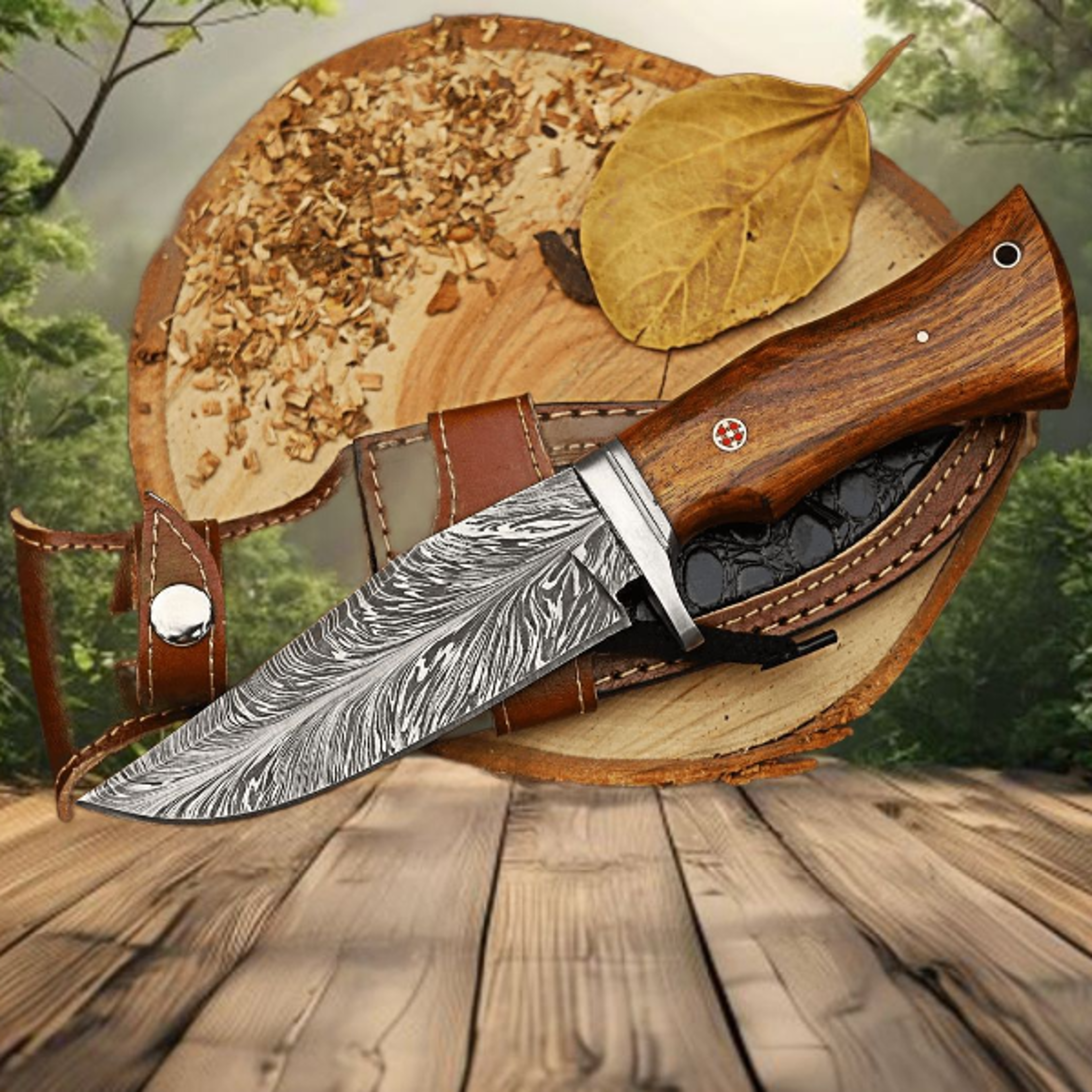 handcrafted fixed blade hunting knife with damascus steel blade and rosewood handle - perfect outdoor gift for adventure