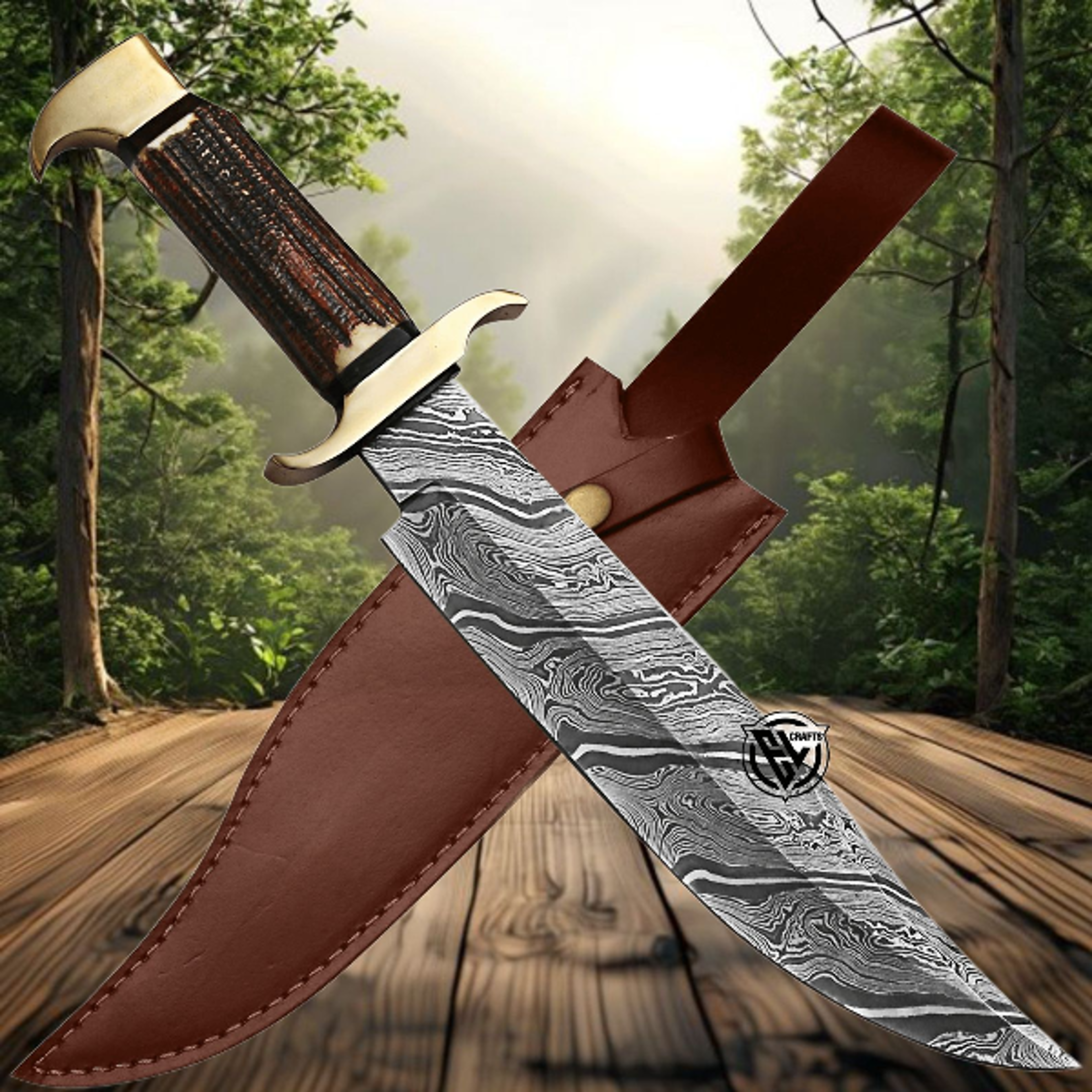 damascus bowie hunting knife with deer horn handle and leather sheath for camping and outdoor activities perfect