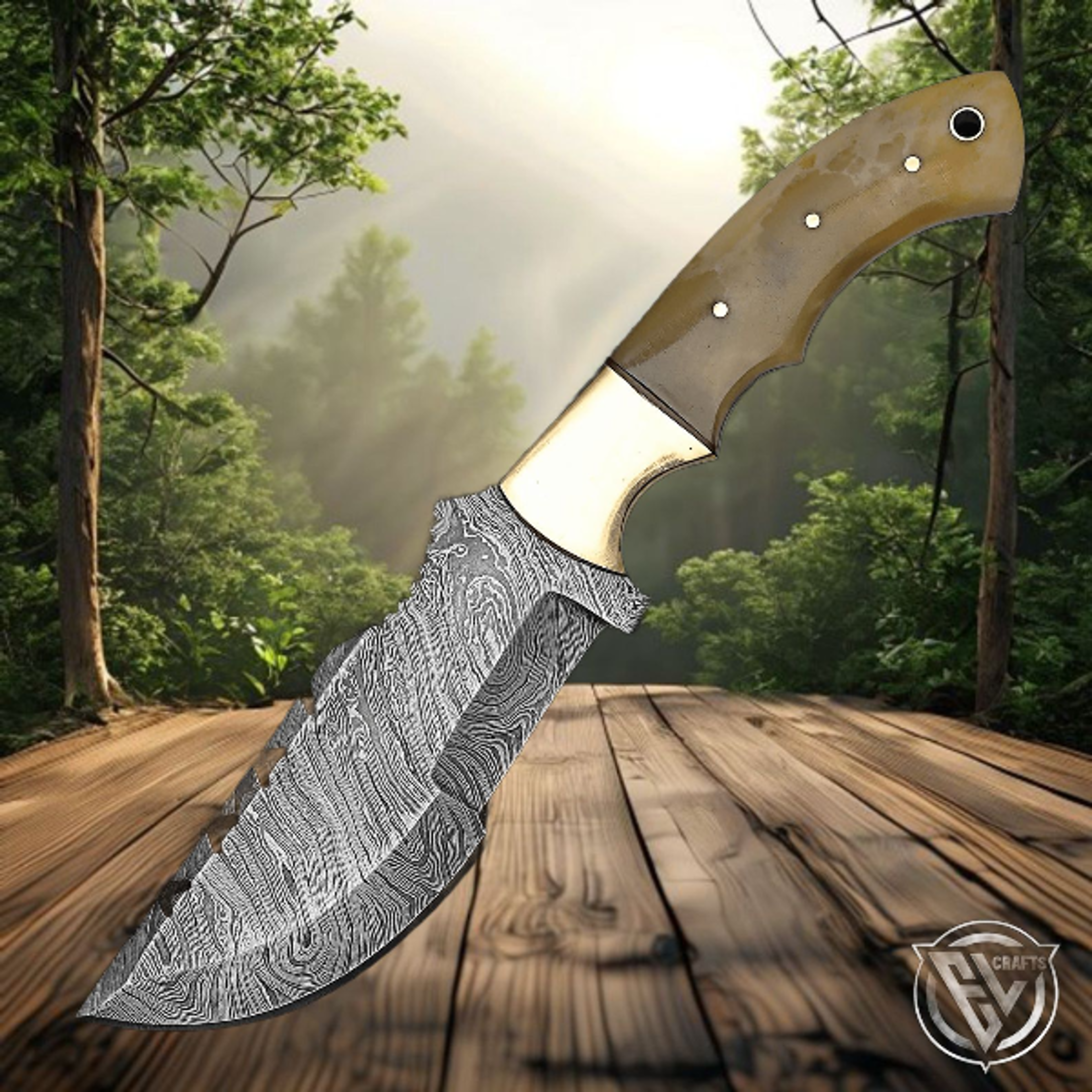 Best Damascus Steel Tracker Knife With HandForged D2 Blade And Camel Bone Handle For Camping Huntin