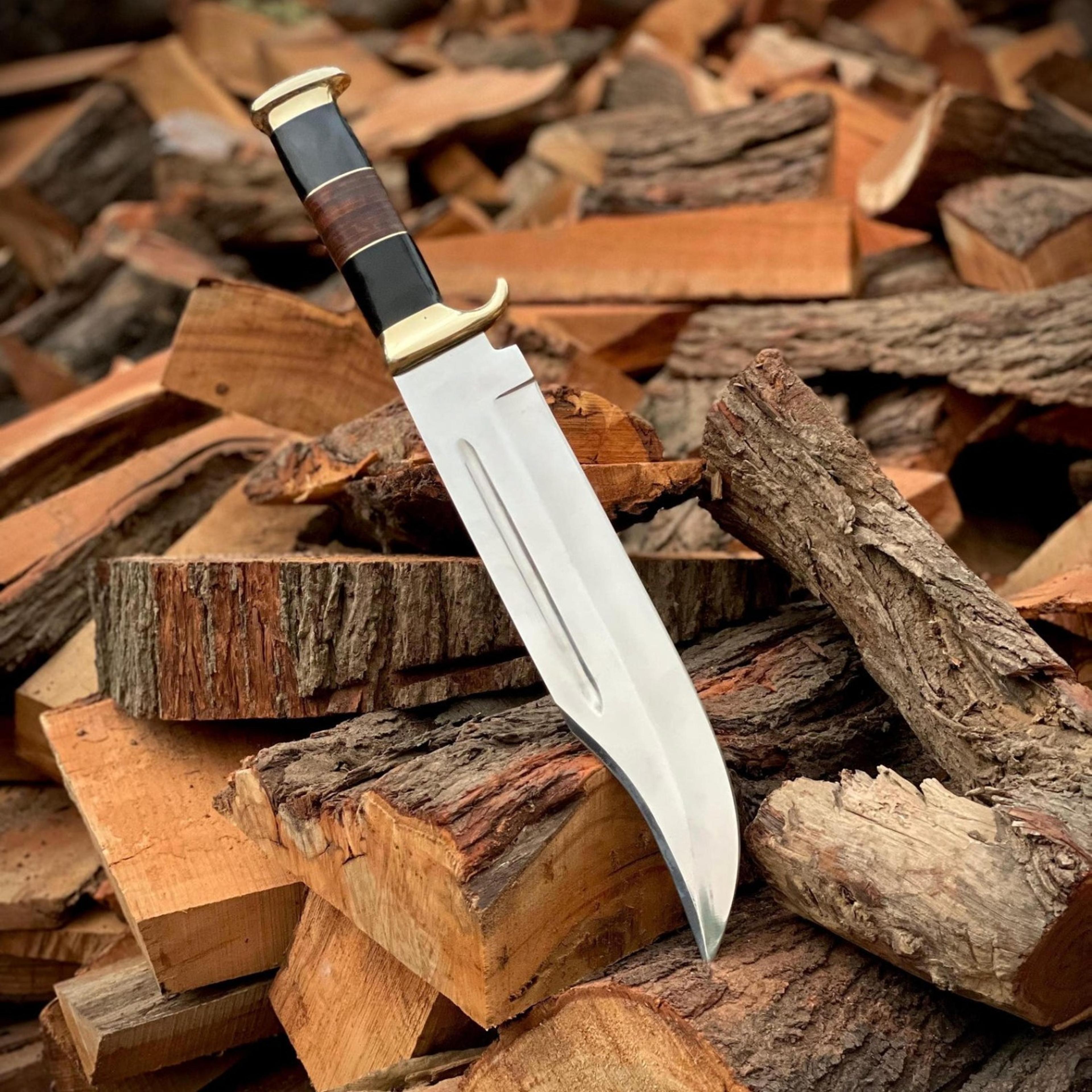 classic bowie hunting knife with polished steel blade, black wood handle & brass guard | collector camp knife