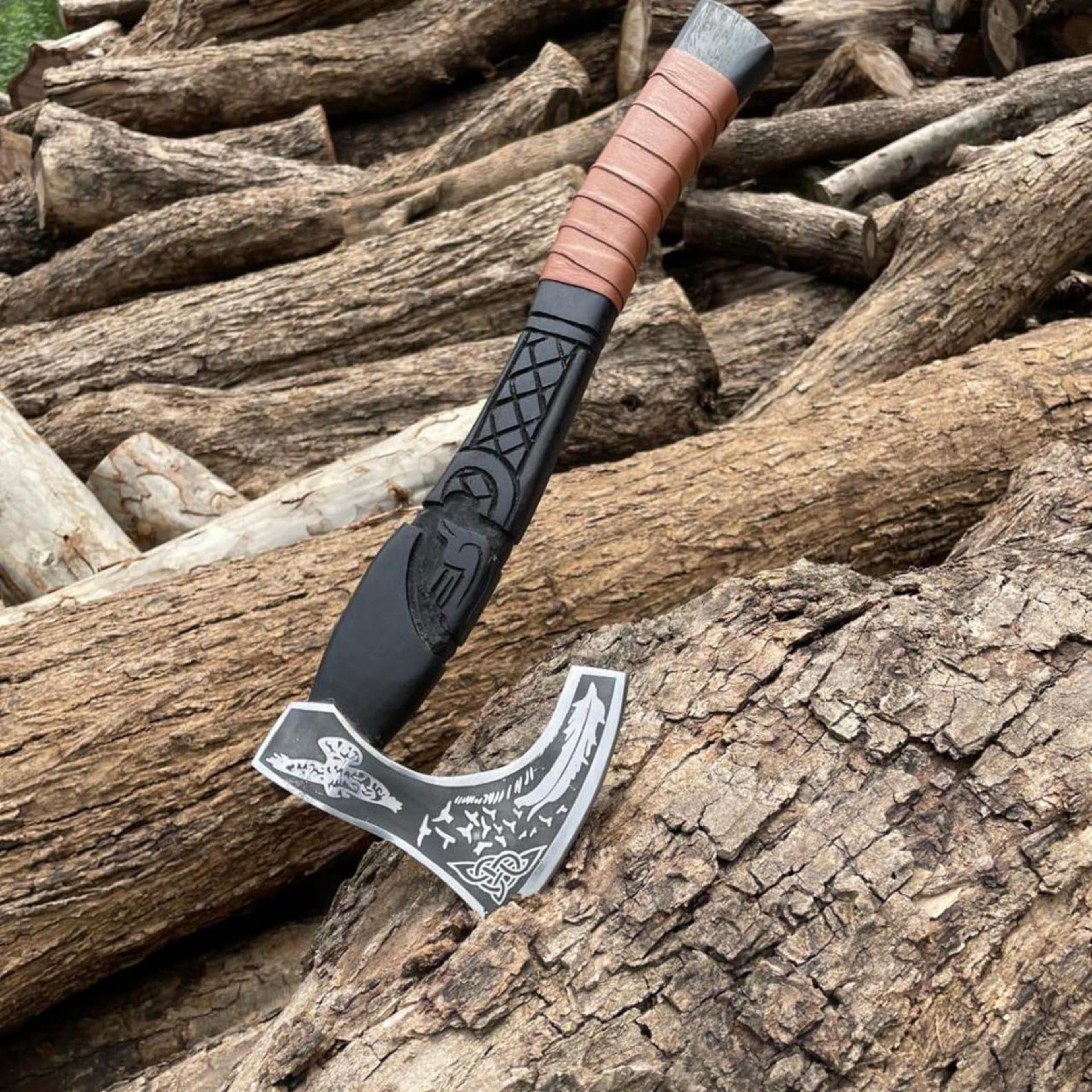 5160 Carbon Steel Viking Raven Collectible Handcrafted Norse Decor With Leather Wrapped Hardwo 0