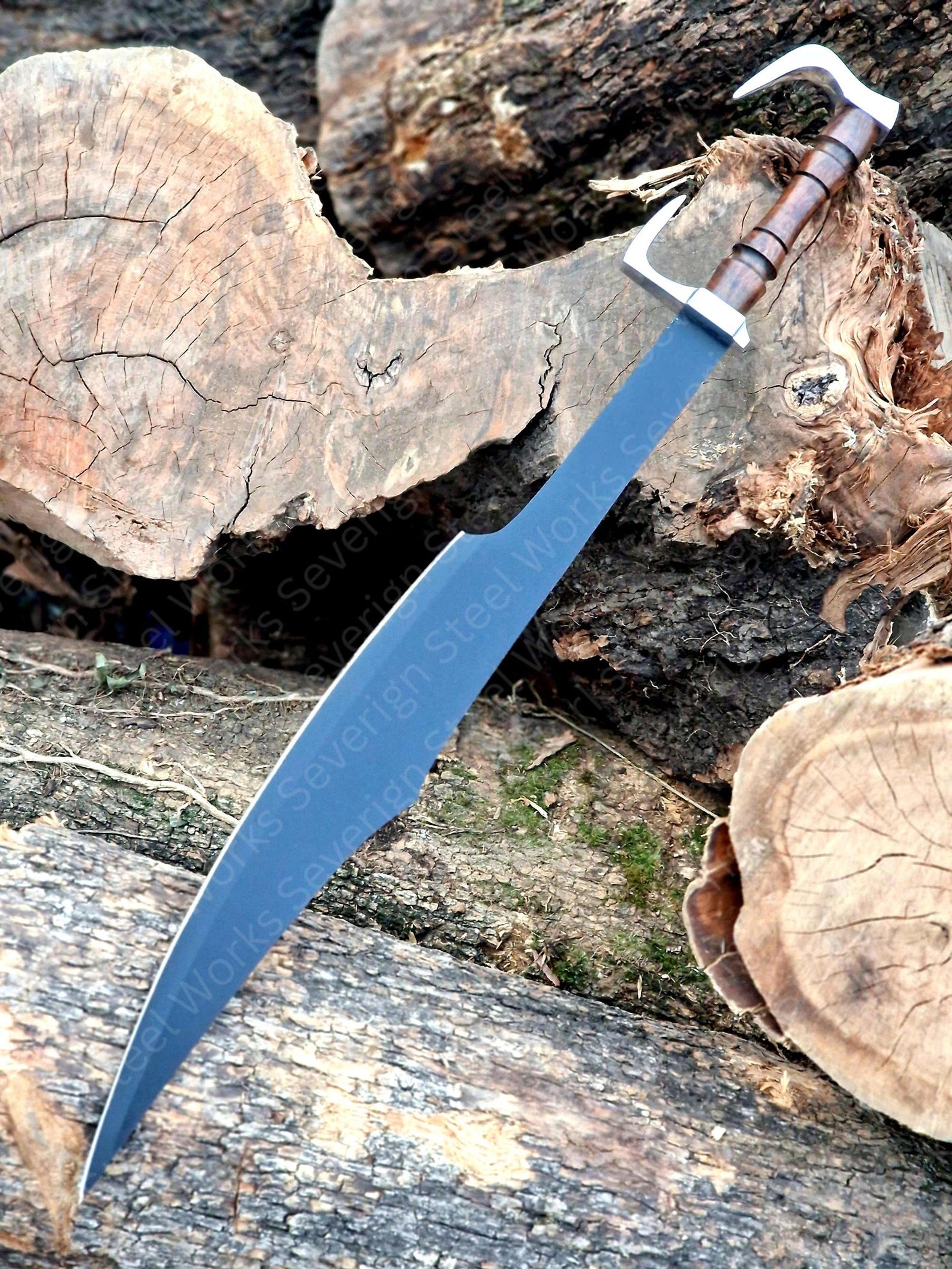 30in fantasy cleaver sword with broad steel blade, hook pommel & wood grip | handmade collector chopper