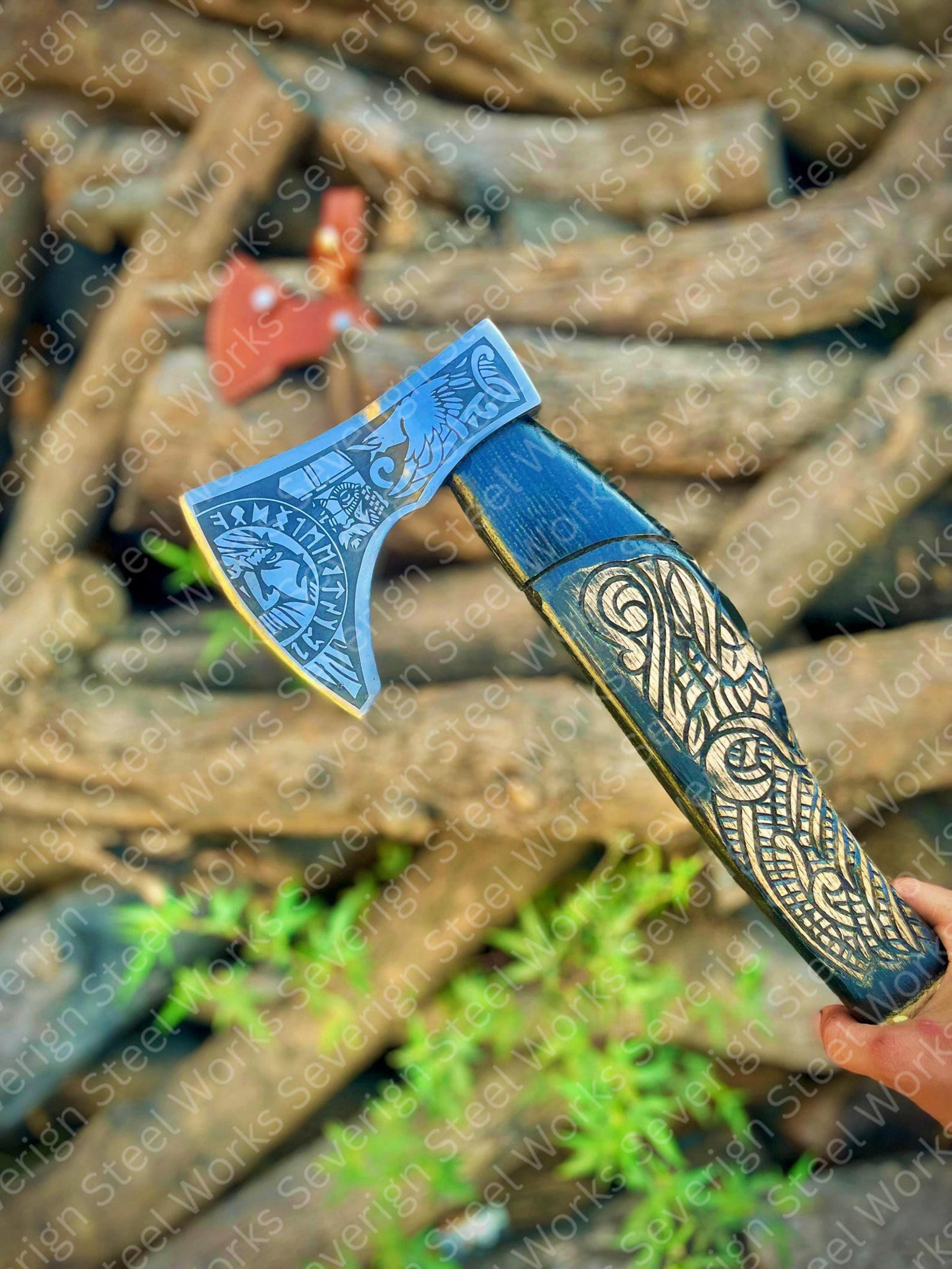 Handmade Viking Hatchet High Carbon Steel Rosewood Handle Acid Etched Blade Leather Sheath Au 0