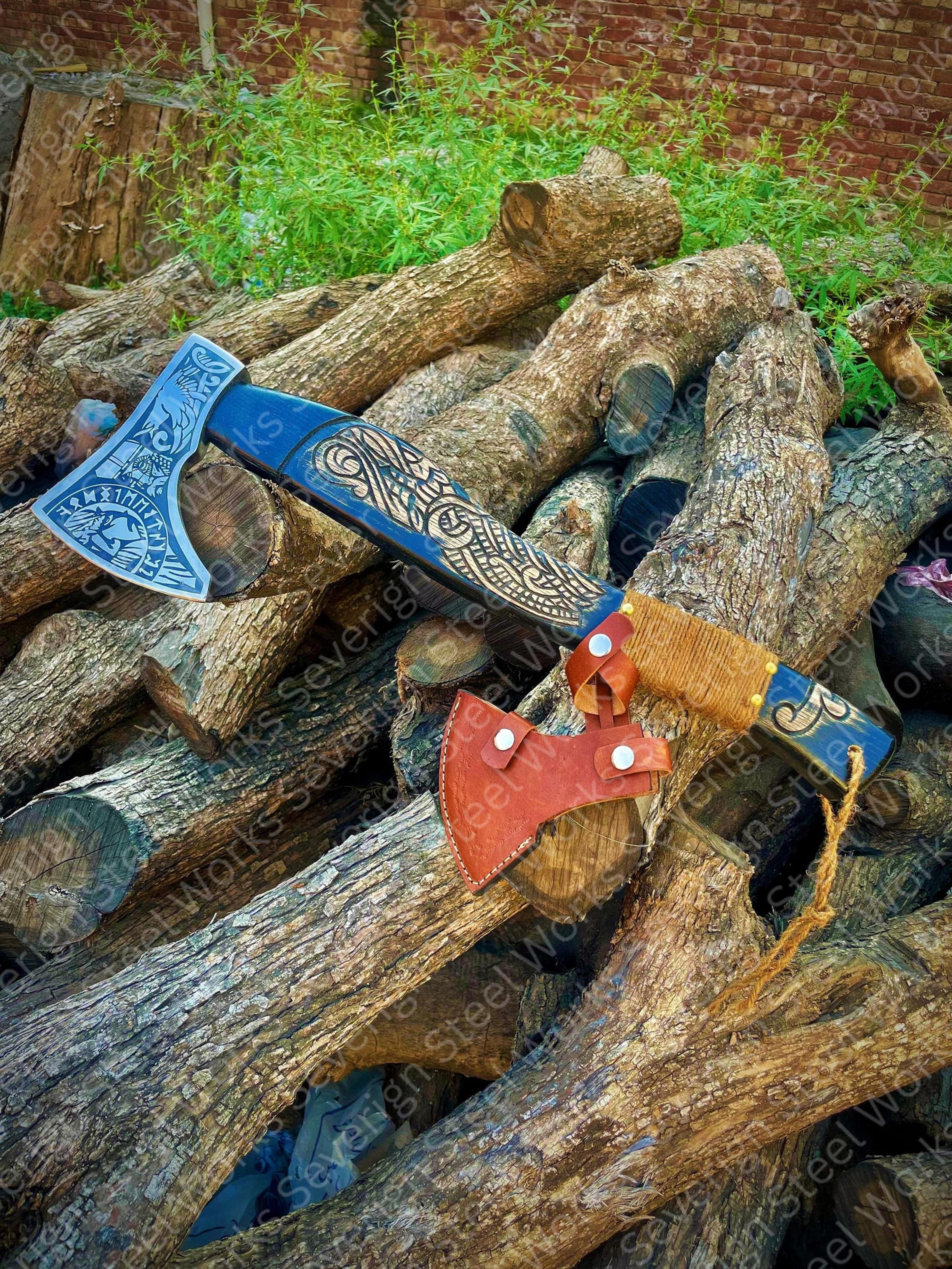 Handmade Viking Hatchet High Carbon Steel Rosewood Handle Acid Etched Blade Leather Sheath Au 4