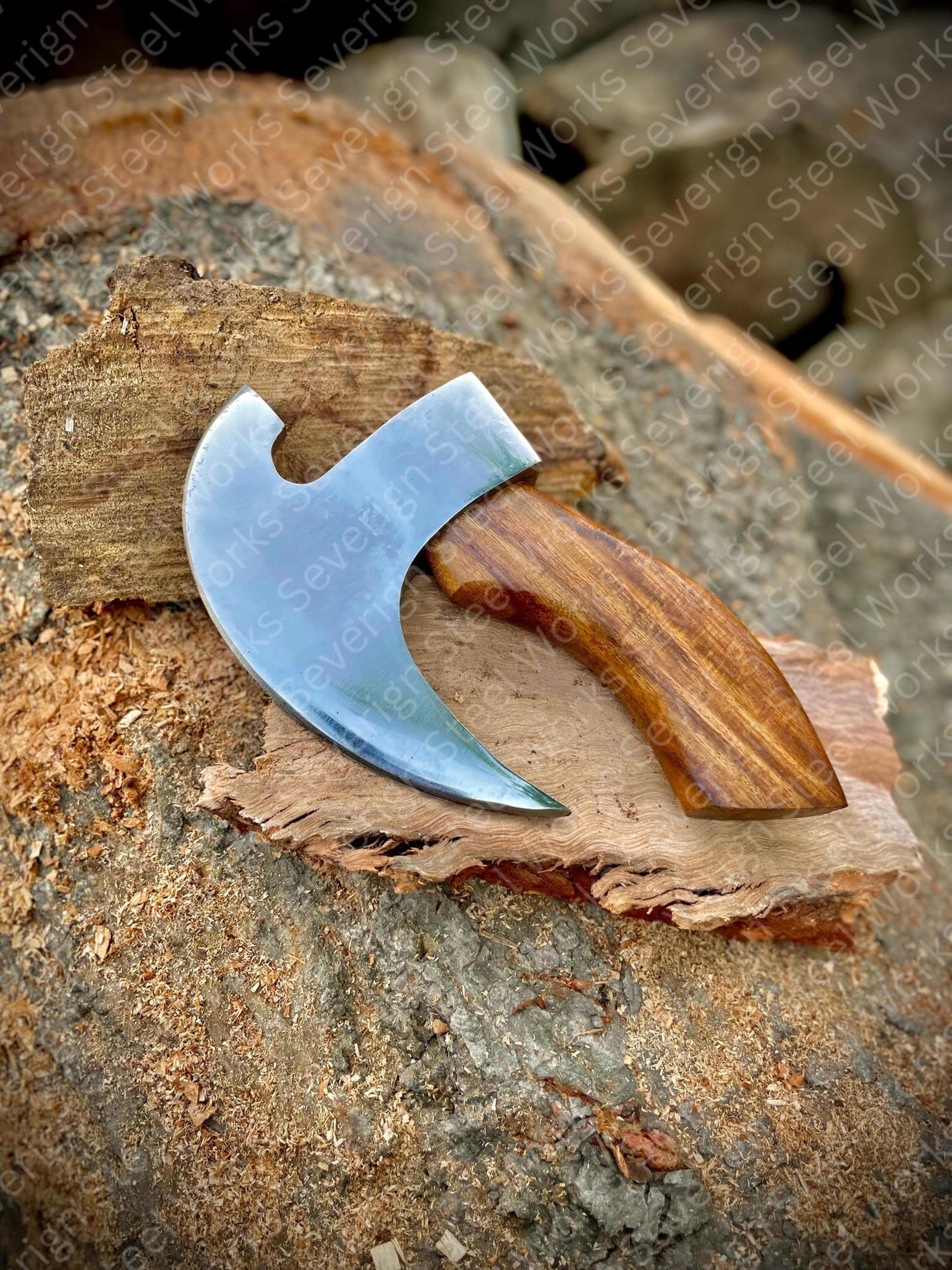Handmade Viking Pizza Axe 8Inch Carbon Steel Cutter With Wooden Handle  Leather Sheath 8