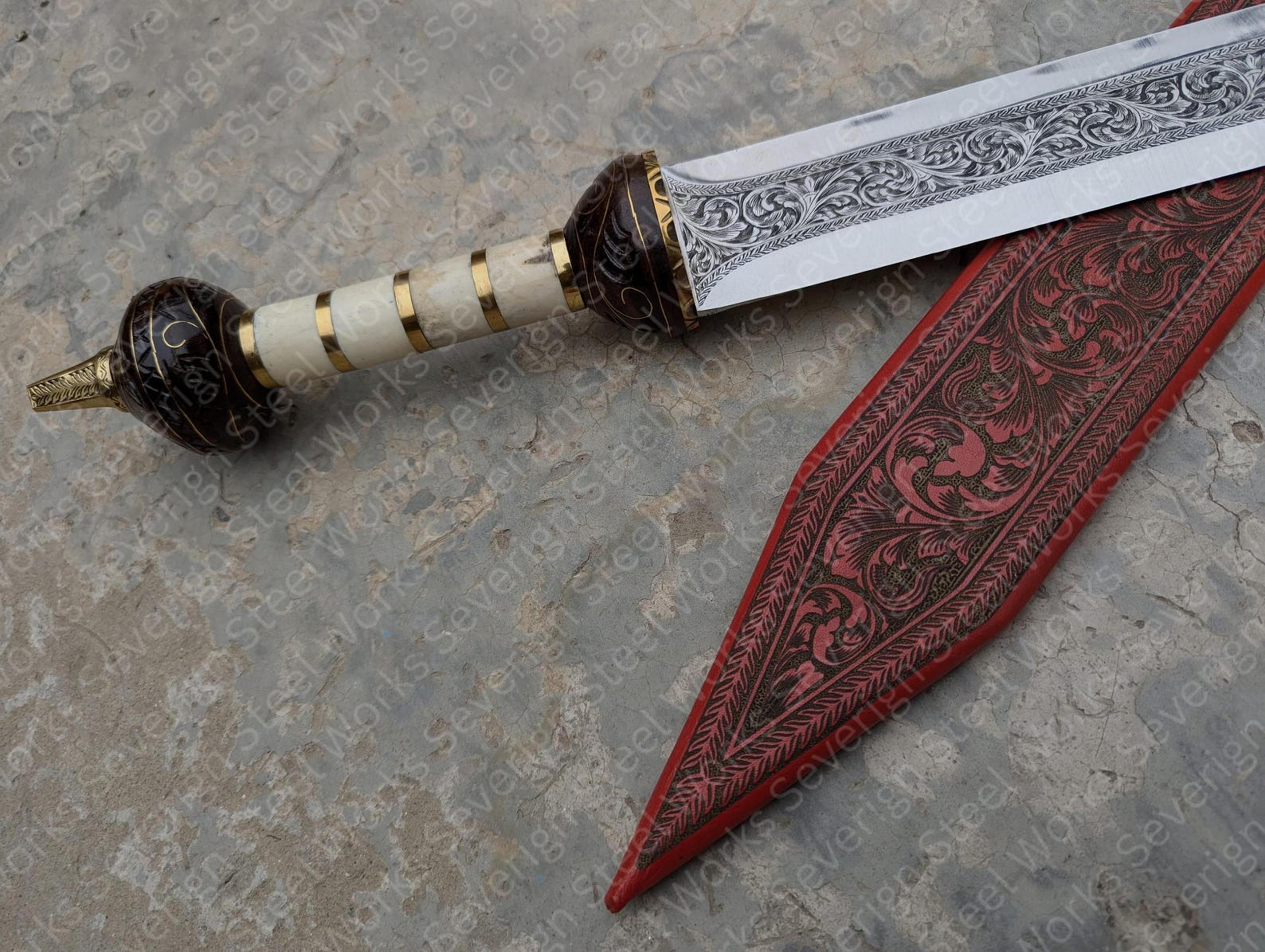Authentic Roman Gladius Sword 1095 Carbon Steel HandEngraved Blade Leather Scabbard Collector 8