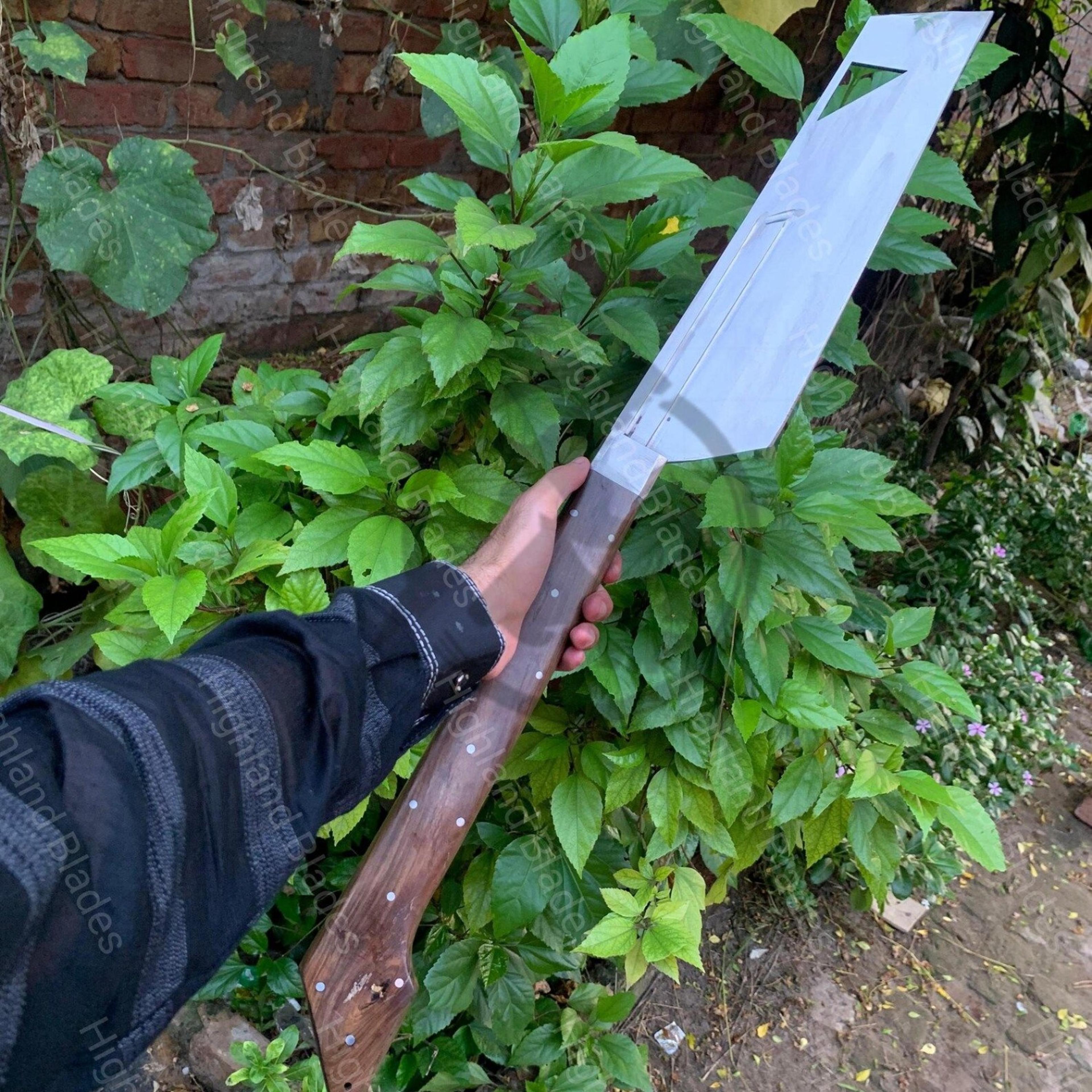 30in long-handle fantasy cleaver with broad steel blade, hardwood grip & angular cutout tip