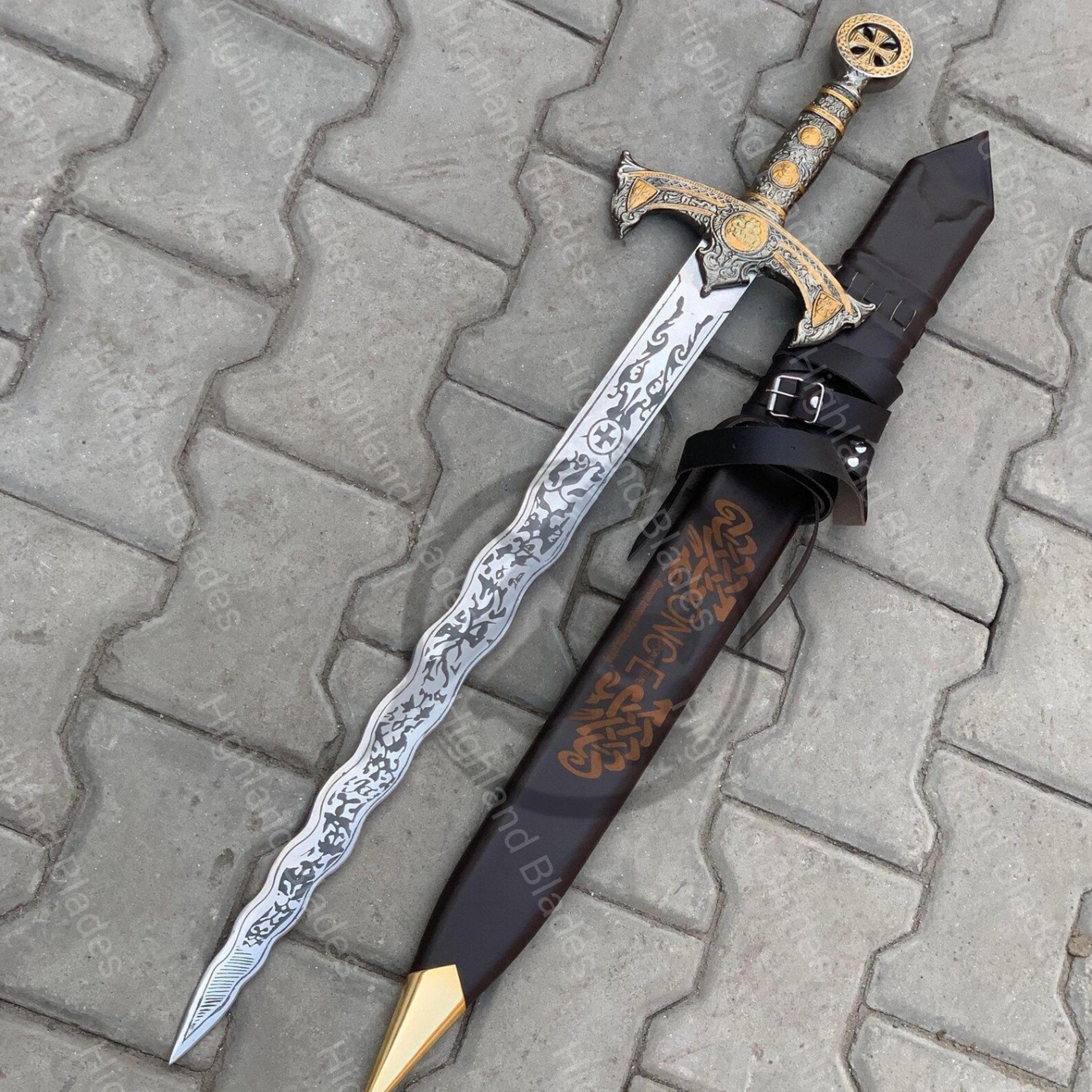 30in ornate templar fantasy sword with engraved steel blade, gold cross hilt & dark leather scabbard