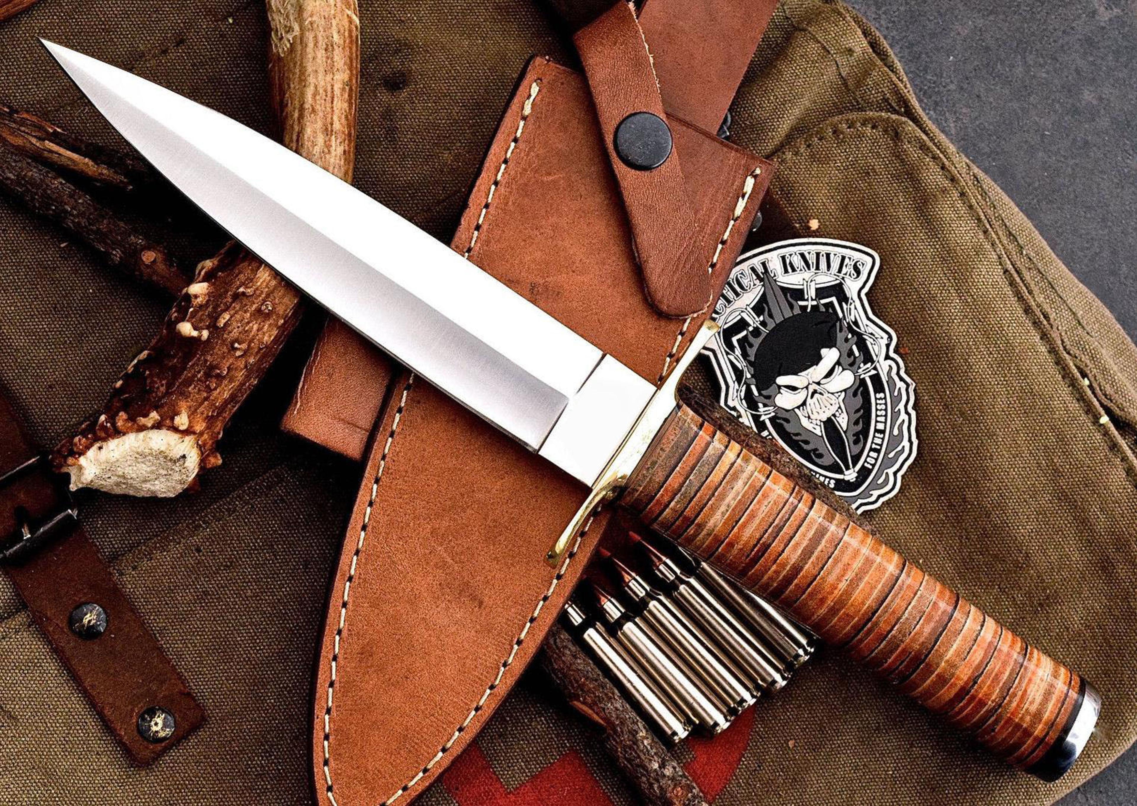 "custom handmade beautiful d2 tool steel hunting dagger knife & leather sheath "