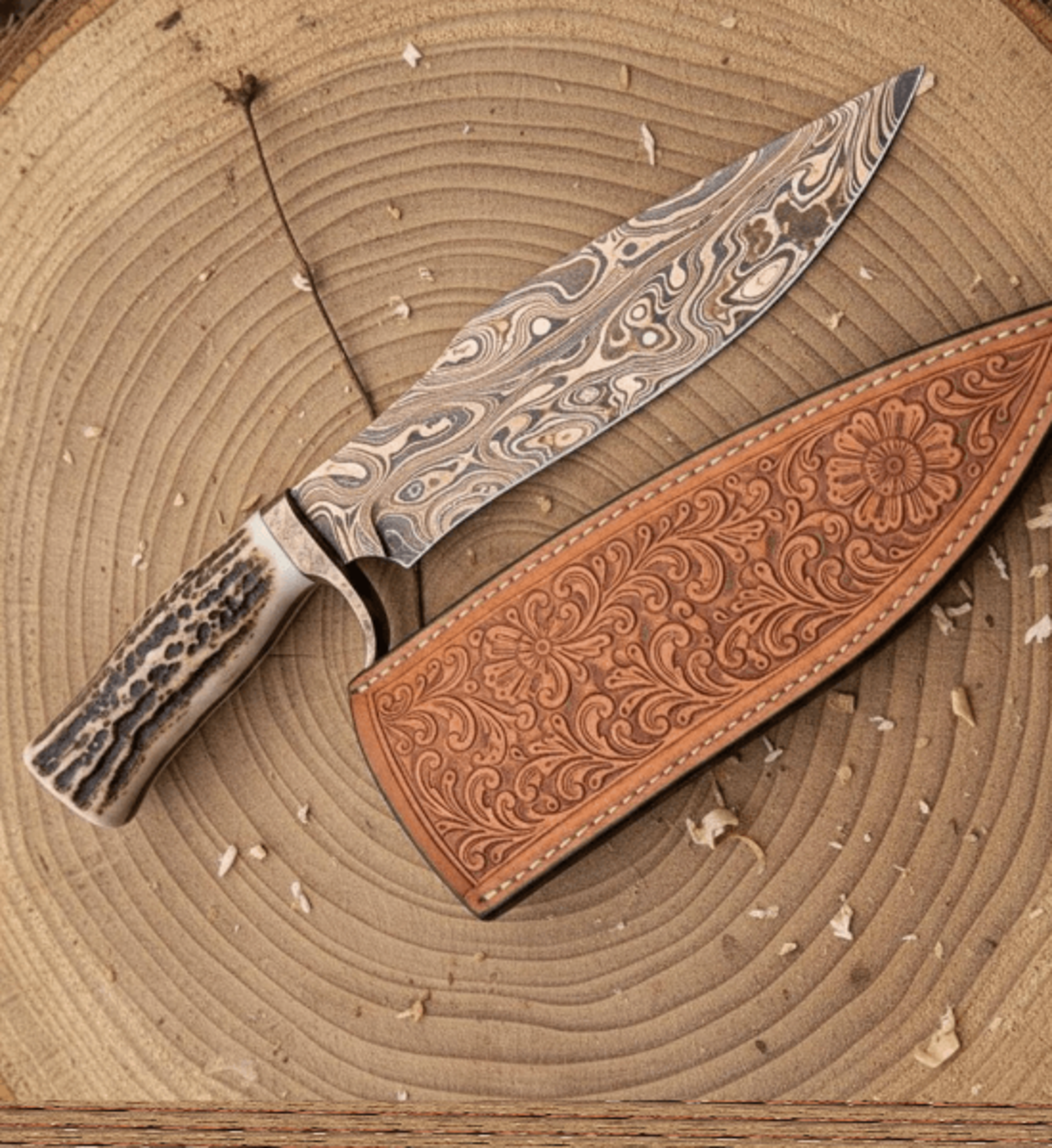 copper damascus hunting bowie knife | genuine stag handle & brass bolster | custom handmade camping & survival knife wit