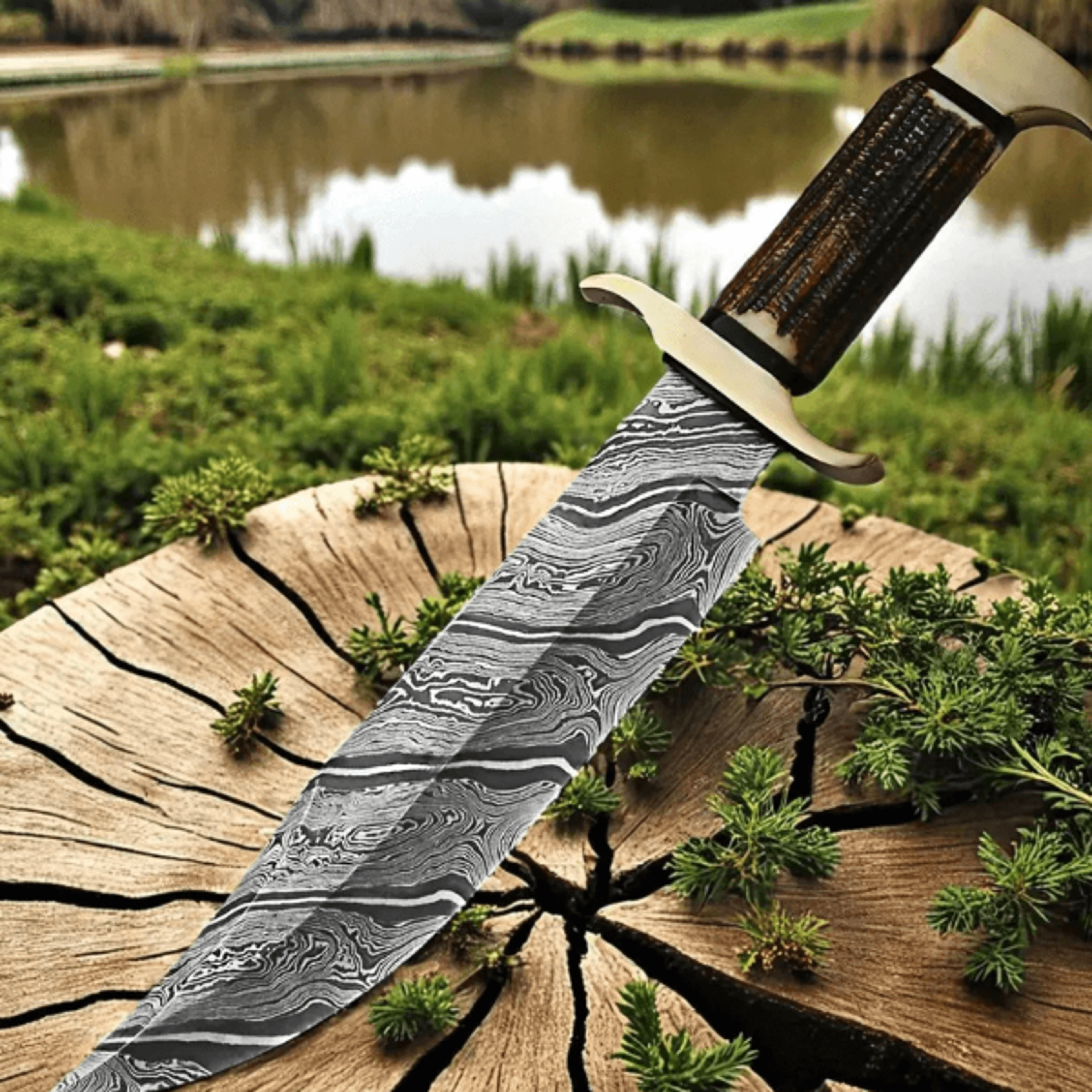 snake damascus bowie knife | deer horn handle | handmade full tang hunting & survival knife