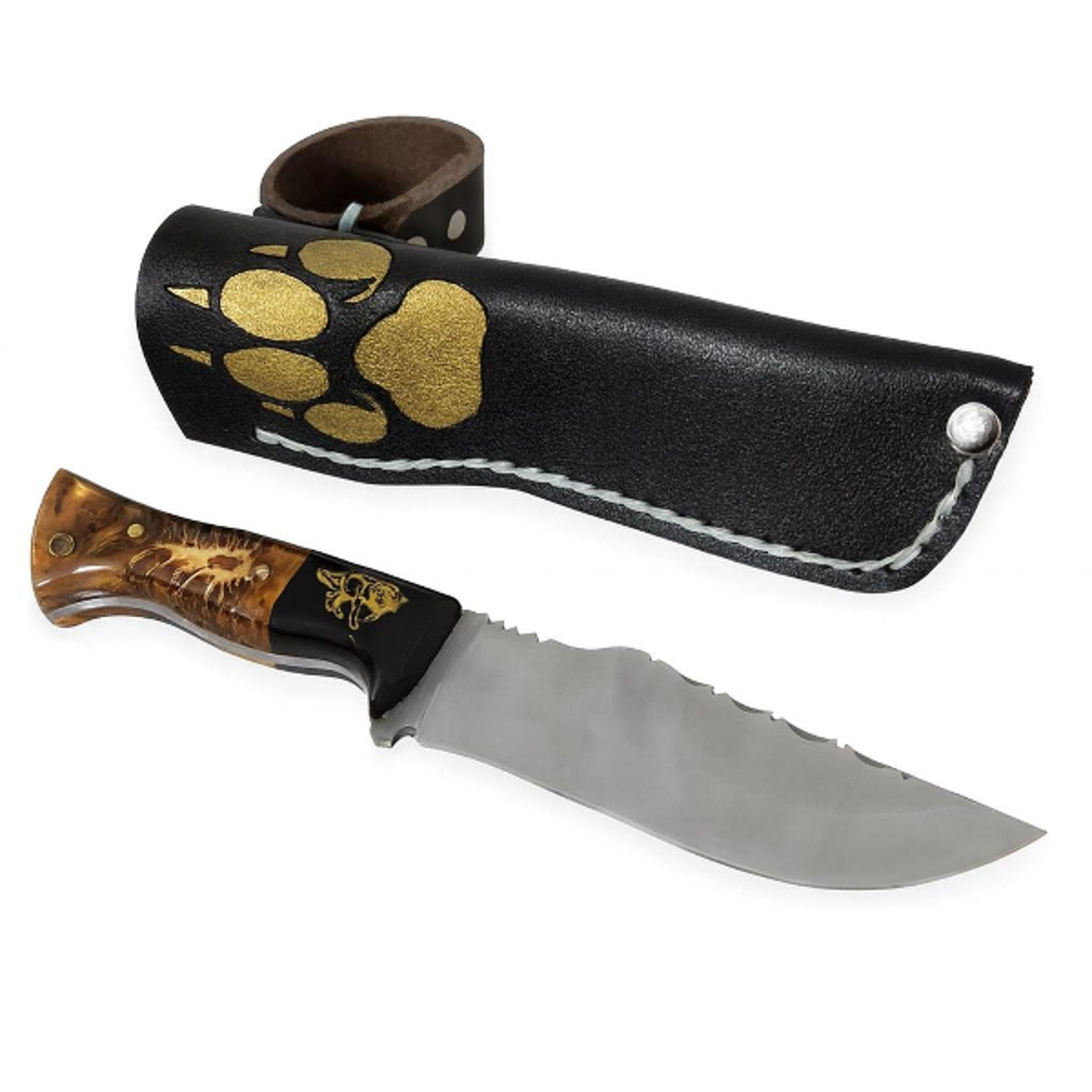 personalized d2 steel hunting knife sapele wood handle with leather sheath