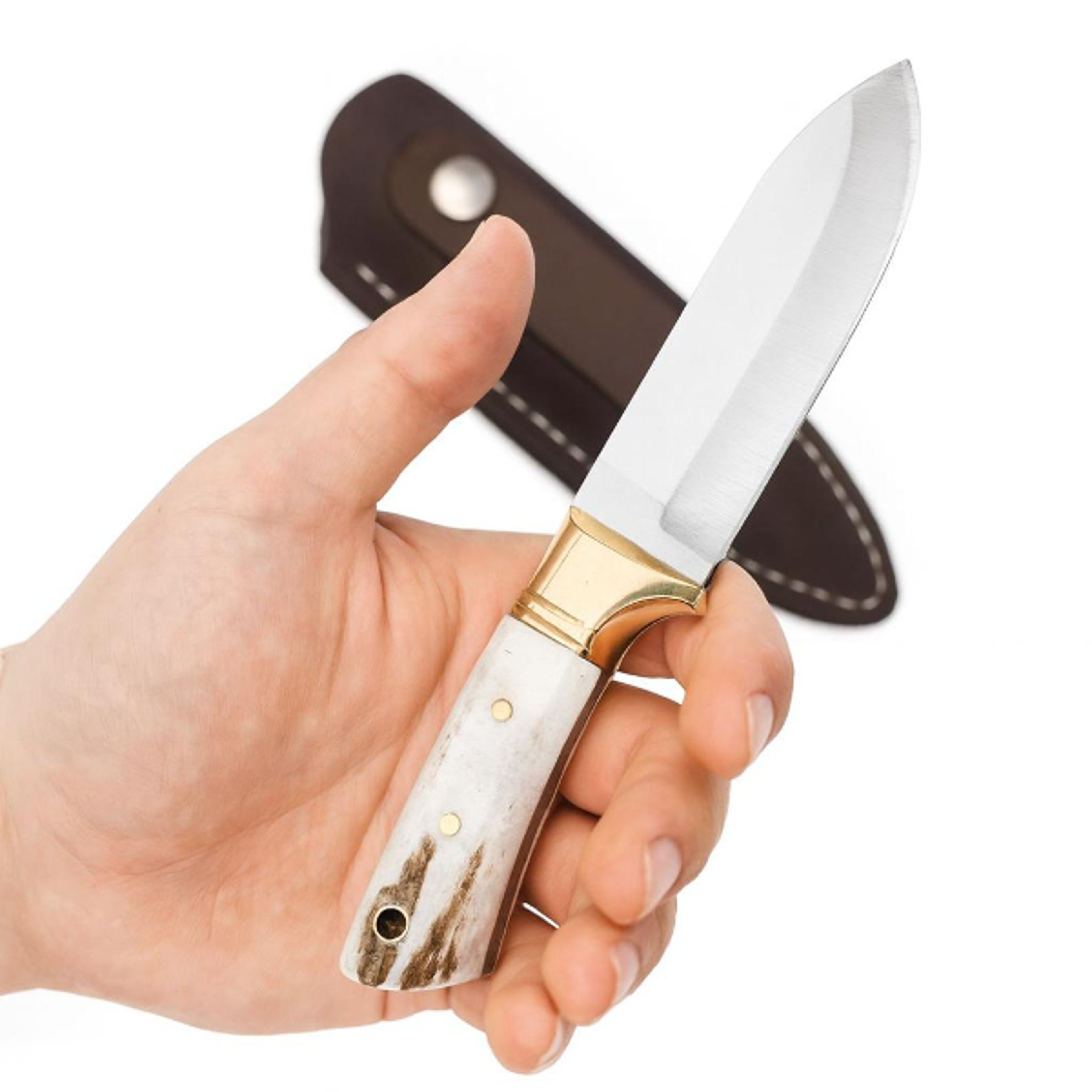 high-quality handcrafted deer antler wolf brass hunting knife with customizable engraving - perfect gift for hunters