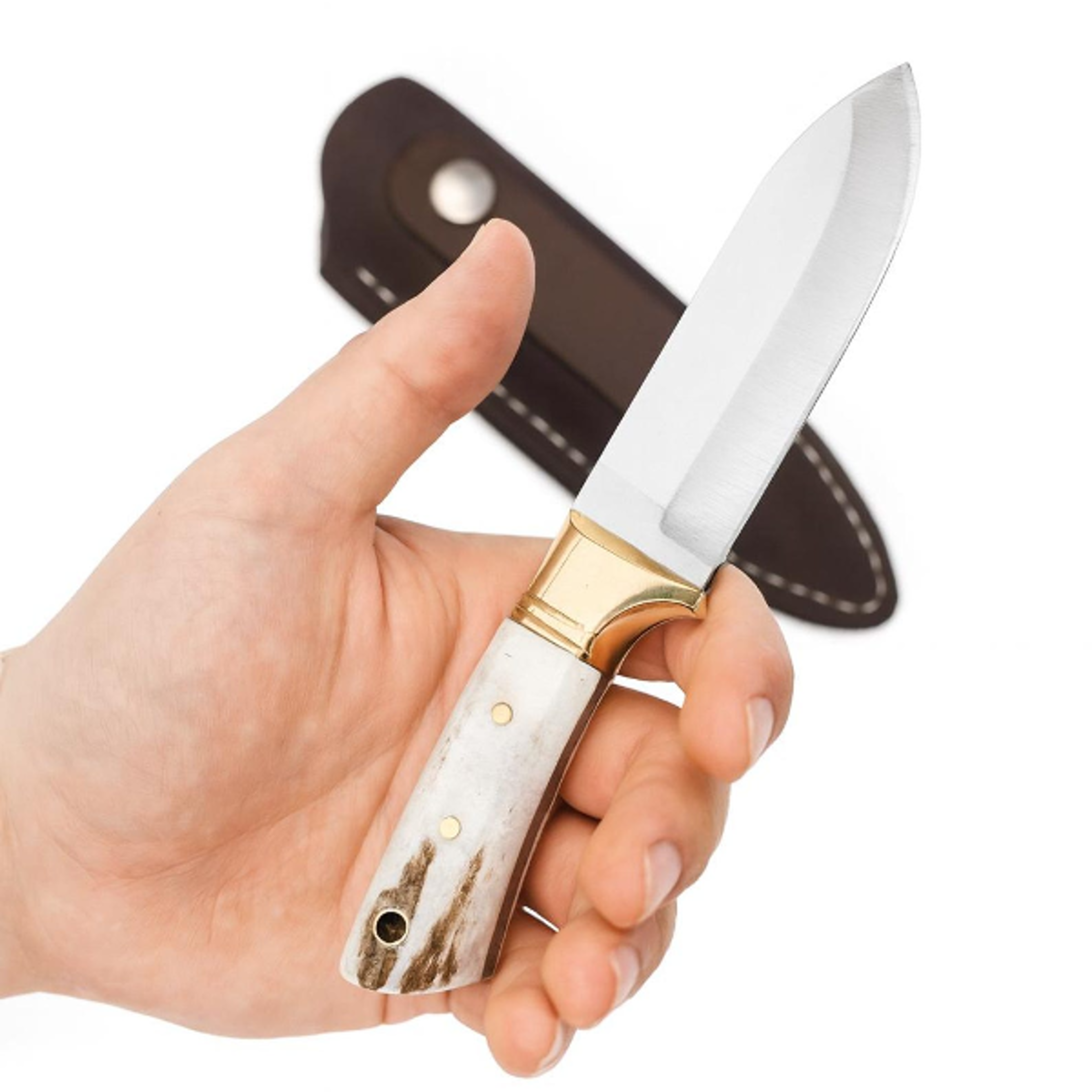 deer antler and brass handle hunting knife with premium 4116 stainless steel blade knife